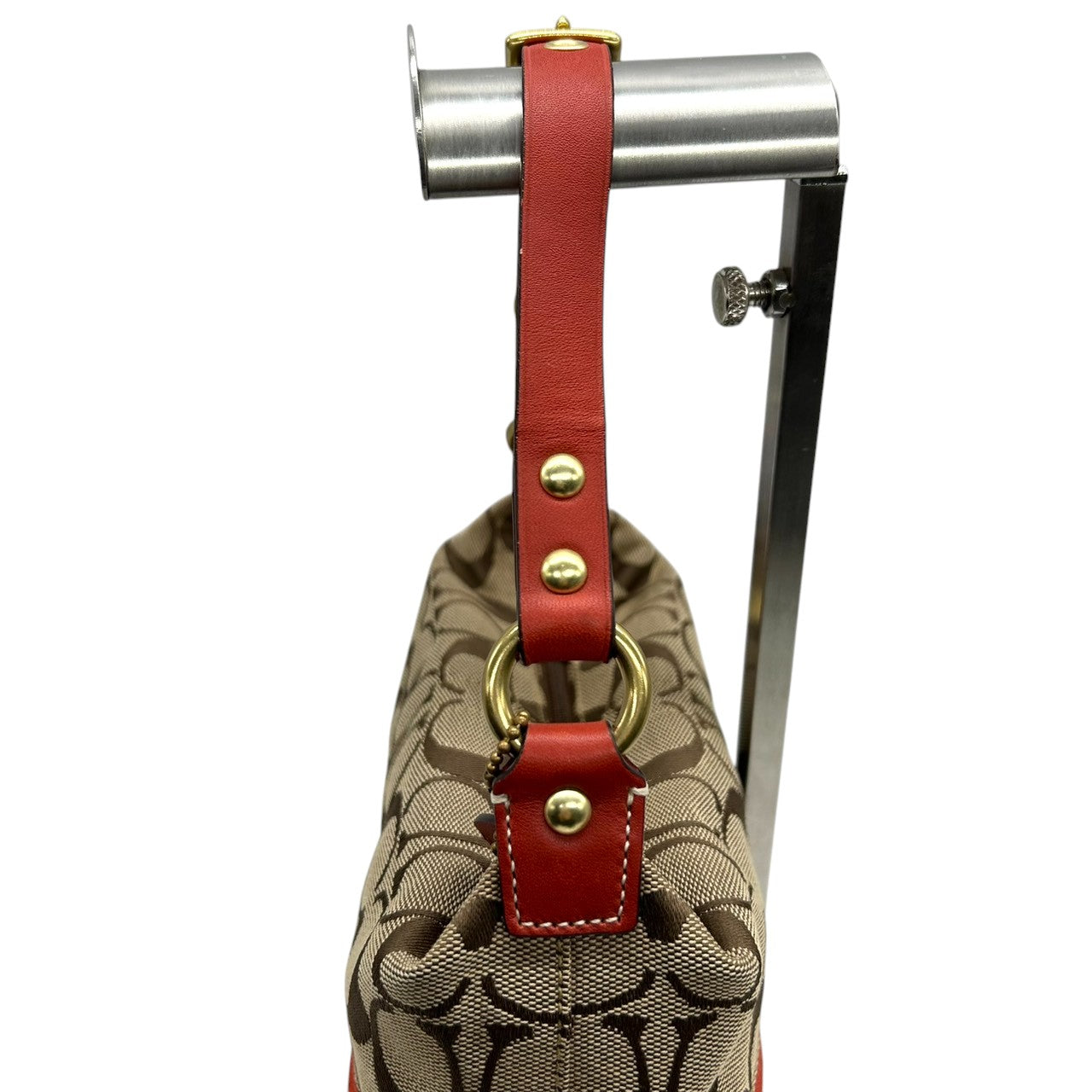 美品 コーチ COACH シグネチャー ヘリテージ ストライプ デミポーチ 40757 アクセサリーポーチ ハンドバッグ ミニバッグ キャンバス レザー ベージュ ブラウン 茶 レッド 赤 オレンジ レディース 鞄 s34