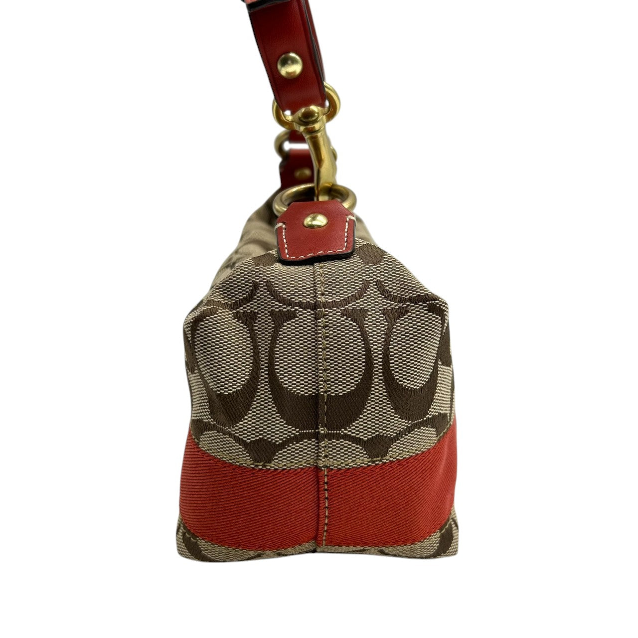 美品 コーチ COACH シグネチャー ヘリテージ ストライプ デミポーチ 40757 アクセサリーポーチ ハンドバッグ ミニバッグ キャンバス レザー ベージュ ブラウン 茶 レッド 赤 オレンジ レディース 鞄 s34