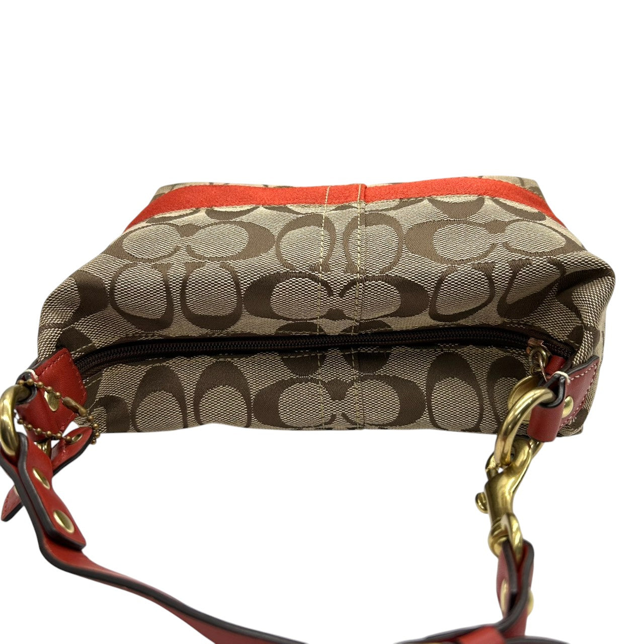 美品 コーチ COACH シグネチャー ヘリテージ ストライプ デミポーチ 40757 アクセサリーポーチ ハンドバッグ ミニバッグ キャンバス レザー ベージュ ブラウン 茶 レッド 赤 オレンジ レディース 鞄 s34