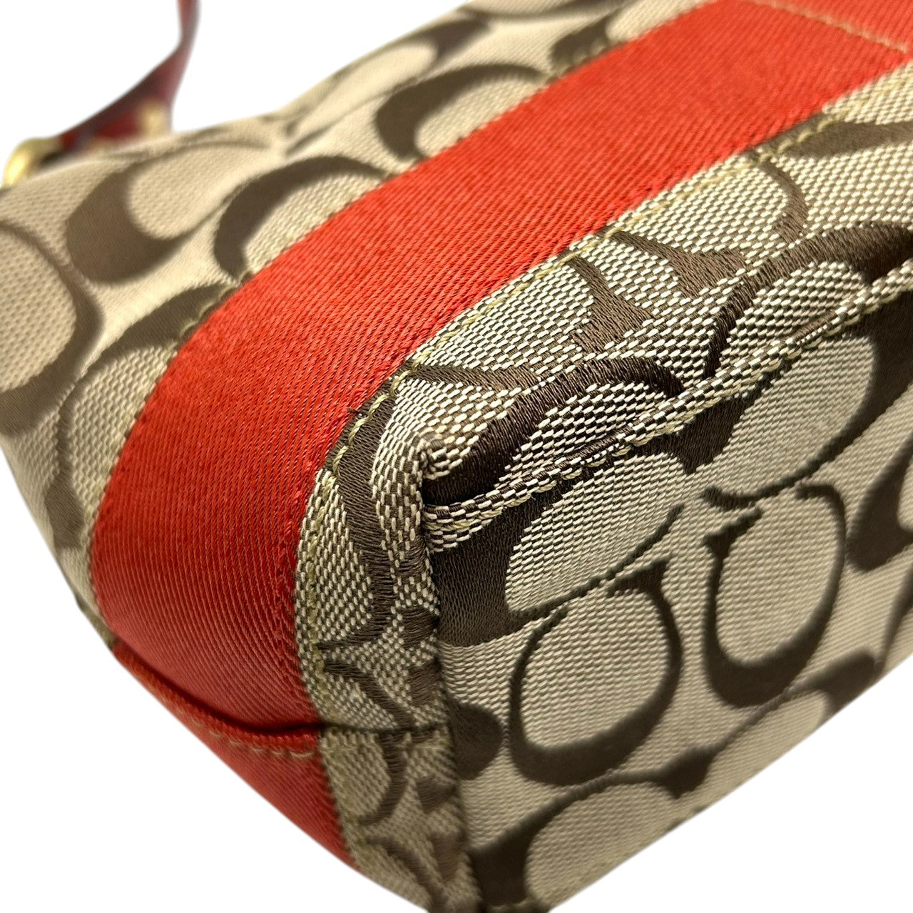 美品 コーチ COACH シグネチャー ヘリテージ ストライプ デミポーチ 40757 アクセサリーポーチ ハンドバッグ ミニバッグ キャンバス レザー ベージュ ブラウン 茶 レッド 赤 オレンジ レディース 鞄 s34