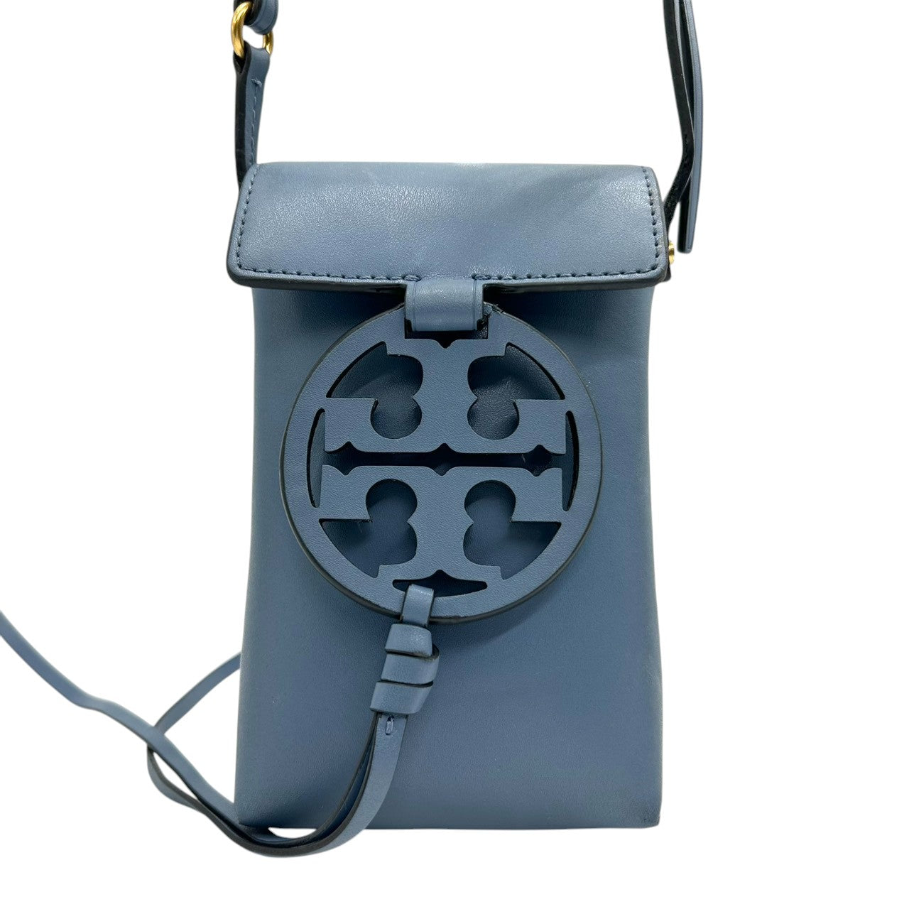 美品 トリーバーチ TORY BURCH ミラー Miller フォンクロスボディ スマホショルダー バッグ ポーチ レザー 本革 ブルー 水色 デカロゴ 斜め掛け ポシェット ミニバッグ サコッシュ レディース 鞄 カバン 軽量 コンパクト s34