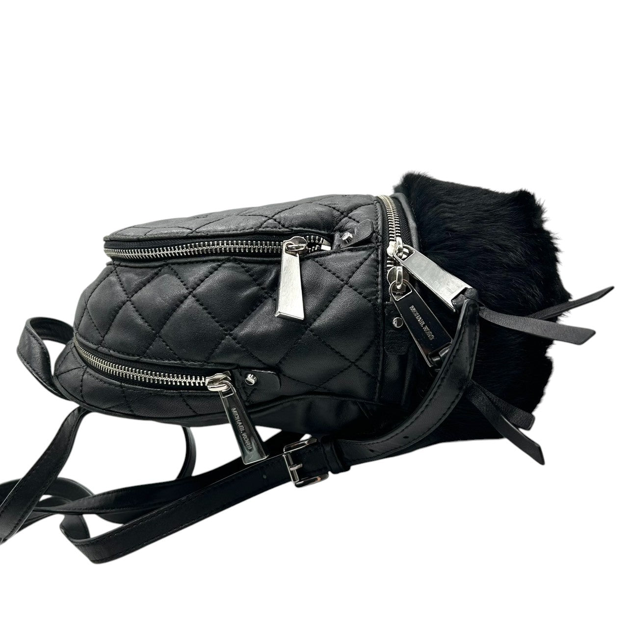 美品 マイケルコース MICHAEL KORS リア Rhea リュック バックパック ミニリュック デイパック キルティング レザー 本革 ファー 異素材 ブラック 黒 シルバー金具 チェーン レディース 小さめ コンパクト エレガント 鞄 カバン T