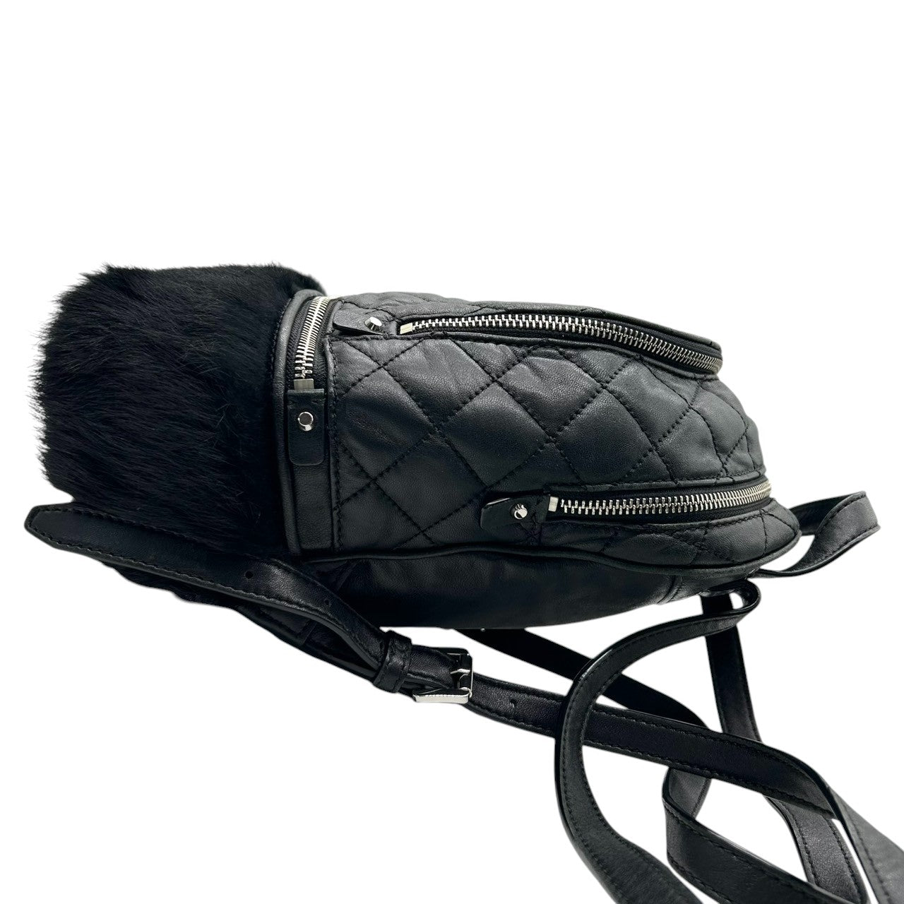 美品 マイケルコース MICHAEL KORS リア Rhea リュック バックパック ミニリュック デイパック キルティング レザー 本革 ファー 異素材 ブラック 黒 シルバー金具 チェーン レディース 小さめ コンパクト エレガント 鞄 カバン T