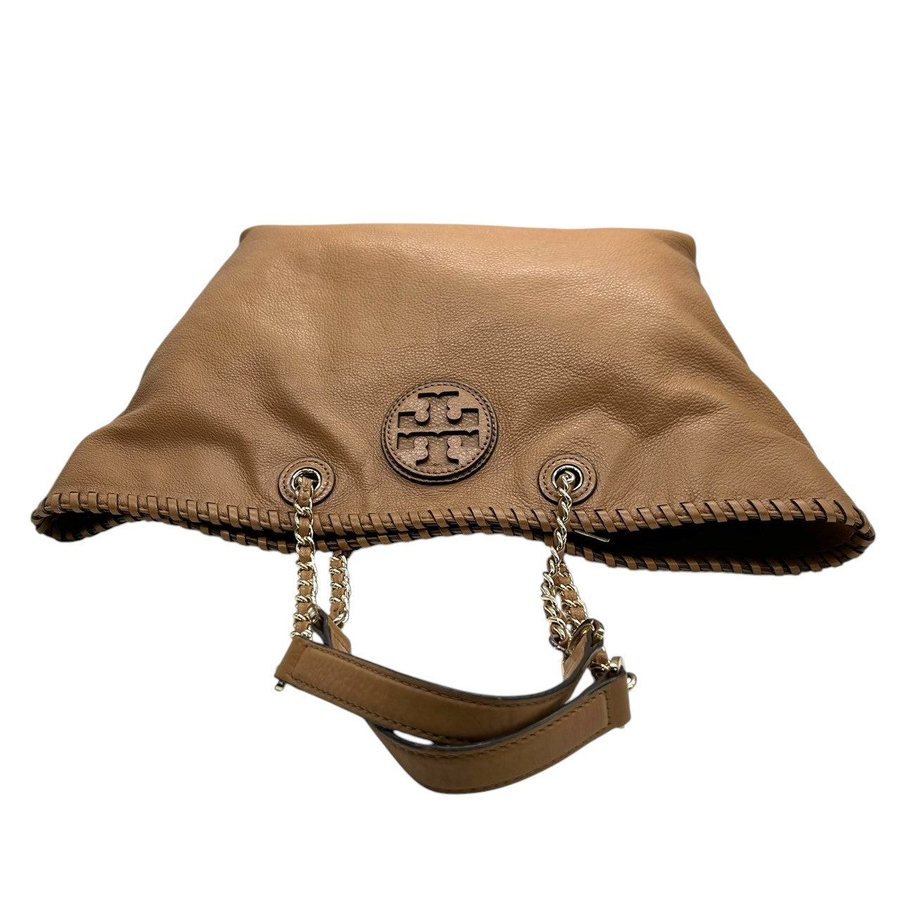 美品 トリーバーチ TORY BURCH マリオン Marion トートバッグ チェーン レザー 本革 シュリンクレザー ベージュ キャメル 編み込み ステッチ A4収納可 ワンショルダー ゴールド金具 ロゴ レディース 通勤 通学 鞄 カバン s61