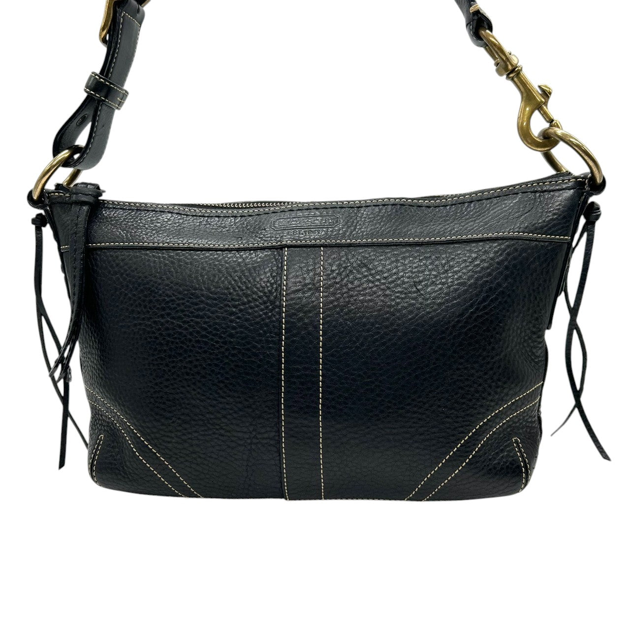 美品 コーチ COACH レガシー 10559 ショルダーバッグ 斜め掛け可 レザー 本革 ブラック 黒 ホワイトステッチ タッセル フリンジ ブラス 真鍮 アンティークゴールド レディース 肩掛け カジュアル シンプル 上品 鞄 カバン 通勤 通学 V