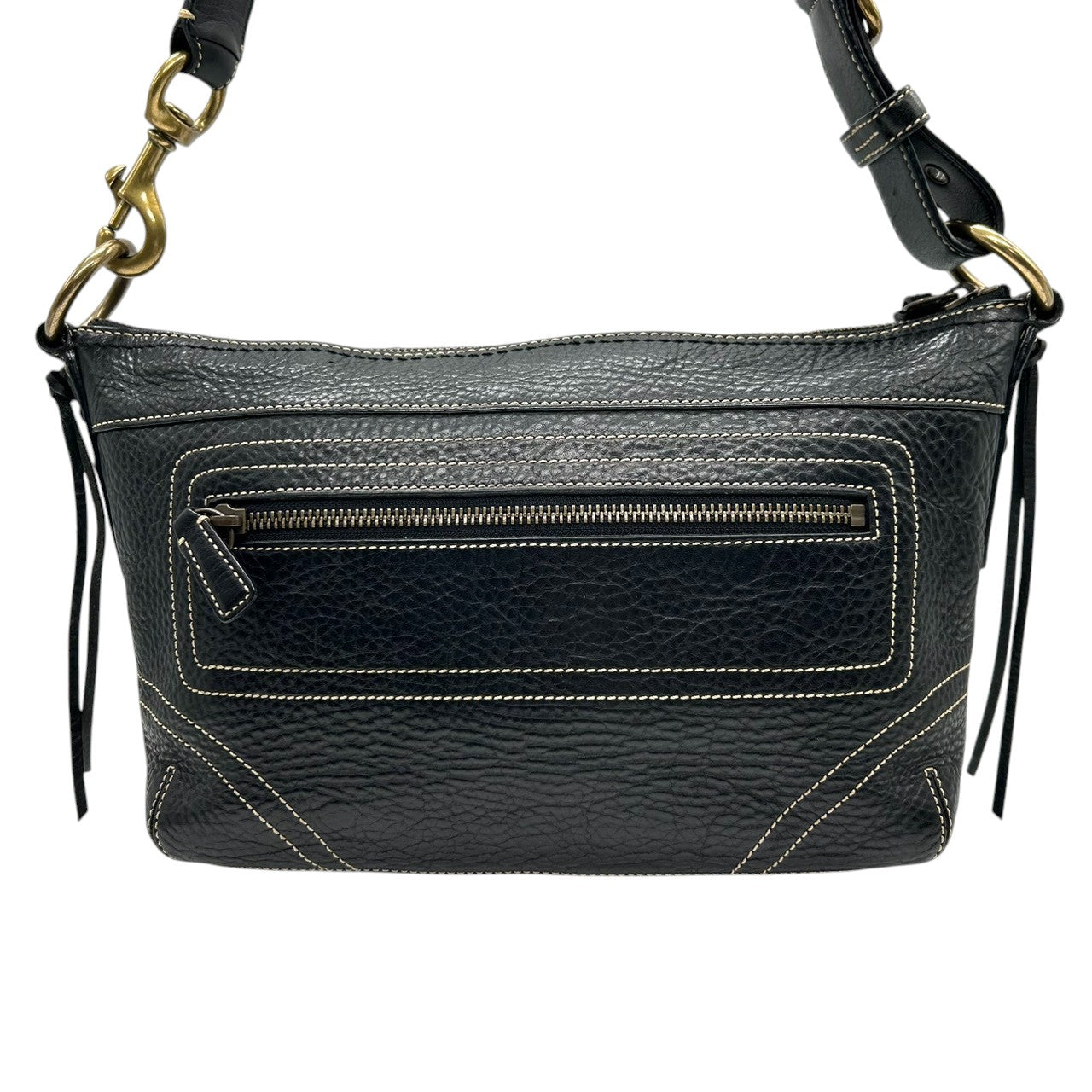 美品 コーチ COACH レガシー 10559 ショルダーバッグ 斜め掛け可 レザー 本革 ブラック 黒 ホワイトステッチ タッセル フリンジ ブラス 真鍮 アンティークゴールド レディース 肩掛け カジュアル シンプル 上品 鞄 カバン 通勤 通学 V