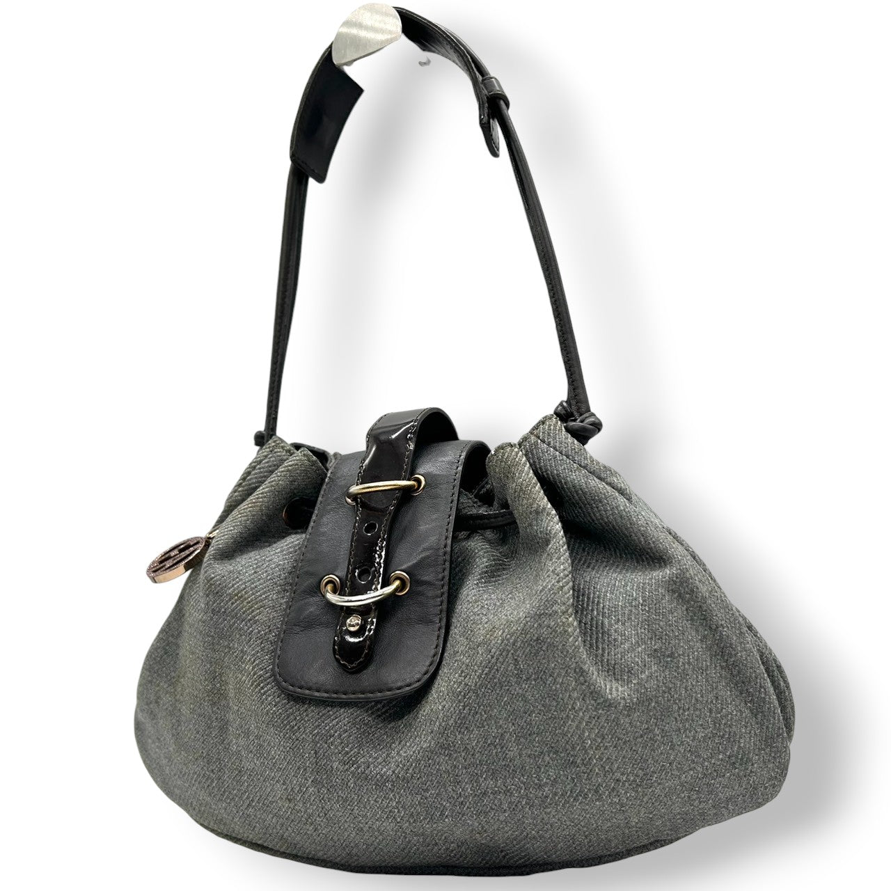 美品 エンポリオアルマーニ EMPORIO ARMANI ショルダーバッグ ハンドバッグ デニム キャンバス レザー 本革 グレー ダークブラウン ロゴチャーム イーグル ギャザー イタリア製 レディース 肩掛け 鞄 カバン カジュアル s88