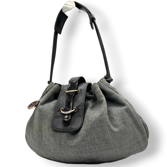 美品 エンポリオアルマーニ EMPORIO ARMANI ショルダーバッグ ハンドバッグ デニム キャンバス レザー 本革 グレー ダークブラウン ロゴチャーム イーグル ギャザー イタリア製 レディース 肩掛け 鞄 カバン カジュアル s88