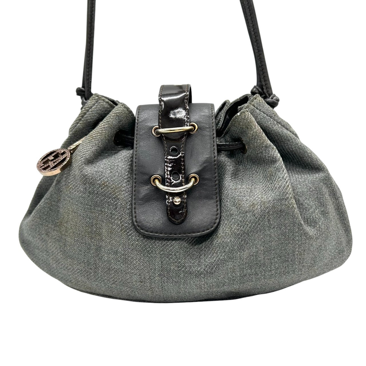 美品 エンポリオアルマーニ EMPORIO ARMANI ショルダーバッグ ハンドバッグ デニム キャンバス レザー 本革 グレー ダークブラウン ロゴチャーム イーグル ギャザー イタリア製 レディース 肩掛け 鞄 カバン カジュアル s88