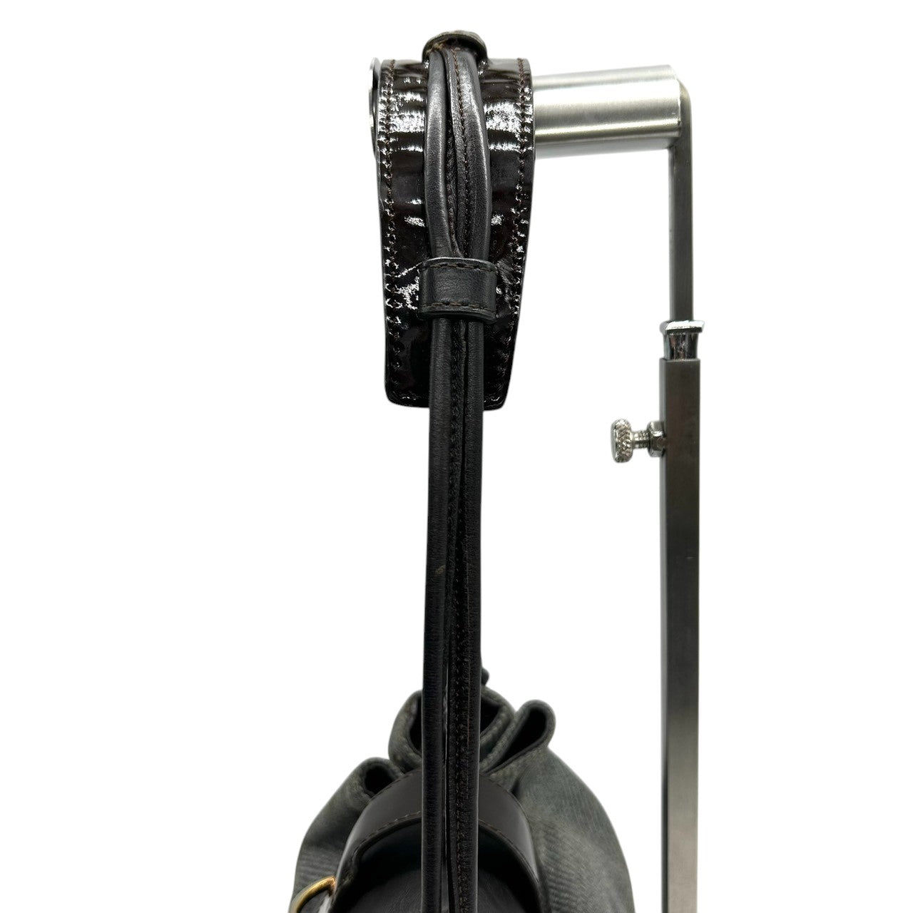 美品 エンポリオアルマーニ EMPORIO ARMANI ショルダーバッグ ハンドバッグ デニム キャンバス レザー 本革 グレー ダークブラウン ロゴチャーム イーグル ギャザー イタリア製 レディース 肩掛け 鞄 カバン カジュアル s88