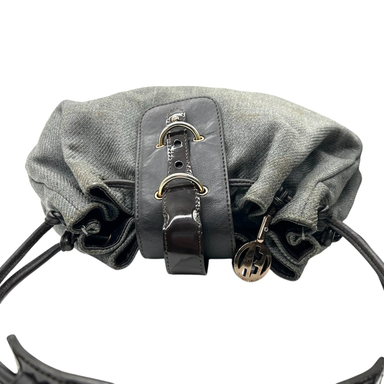 美品 エンポリオアルマーニ EMPORIO ARMANI ショルダーバッグ ハンドバッグ デニム キャンバス レザー 本革 グレー ダークブラウン ロゴチャーム イーグル ギャザー イタリア製 レディース 肩掛け 鞄 カバン カジュアル s88