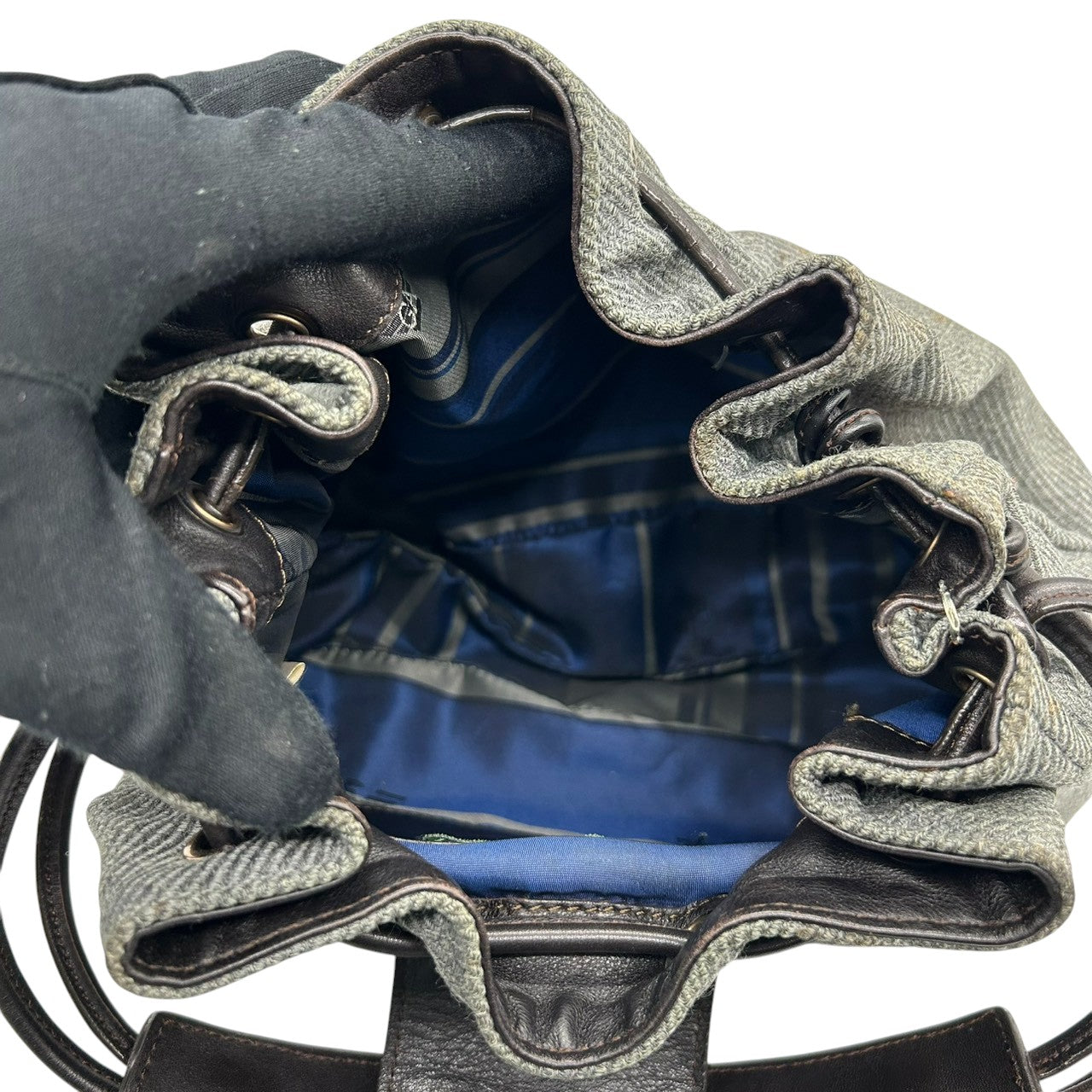 美品 エンポリオアルマーニ EMPORIO ARMANI ショルダーバッグ ハンドバッグ デニム キャンバス レザー 本革 グレー ダークブラウン ロゴチャーム イーグル ギャザー イタリア製 レディース 肩掛け 鞄 カバン カジュアル s88