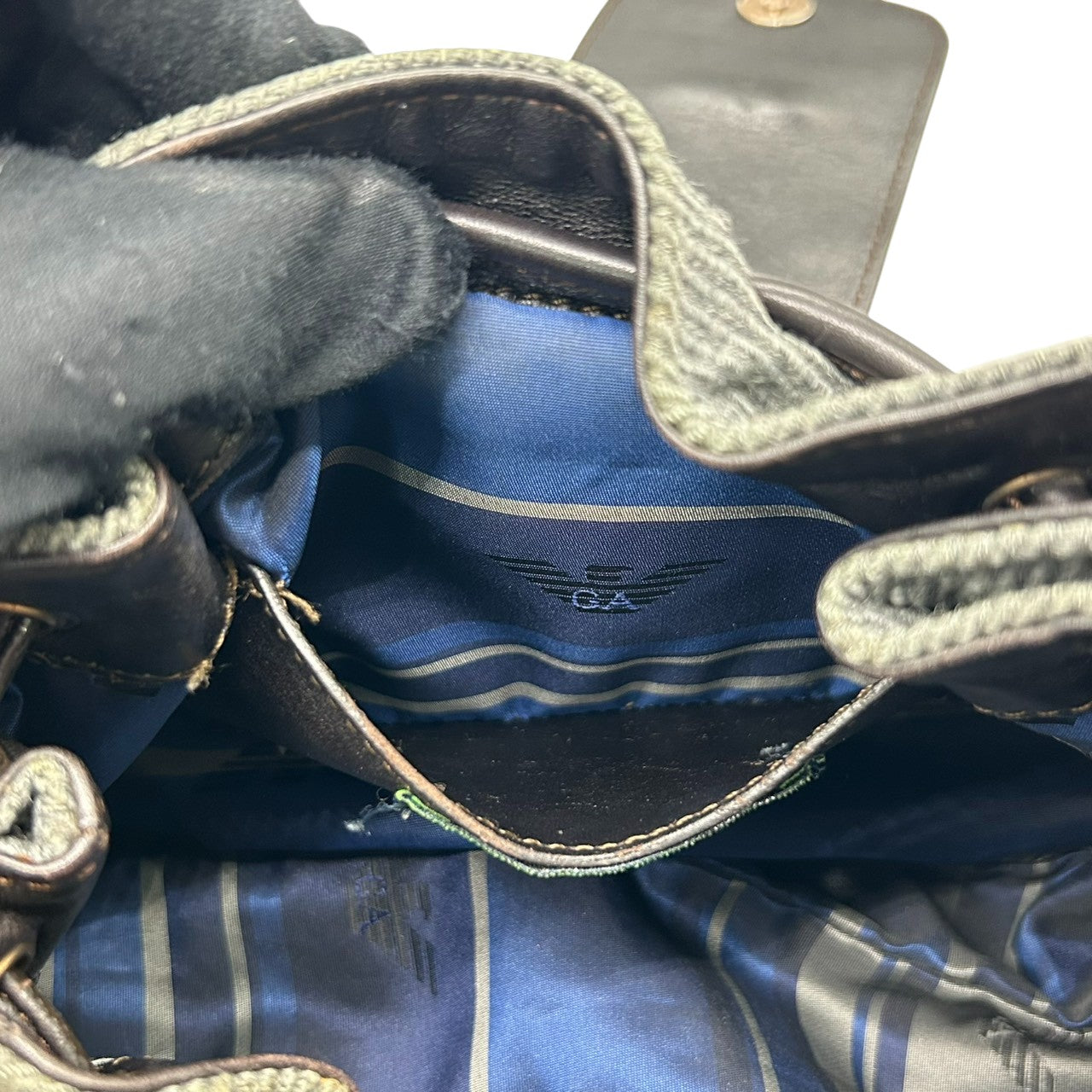 美品 エンポリオアルマーニ EMPORIO ARMANI ショルダーバッグ ハンドバッグ デニム キャンバス レザー 本革 グレー ダークブラウン ロゴチャーム イーグル ギャザー イタリア製 レディース 肩掛け 鞄 カバン カジュアル s88