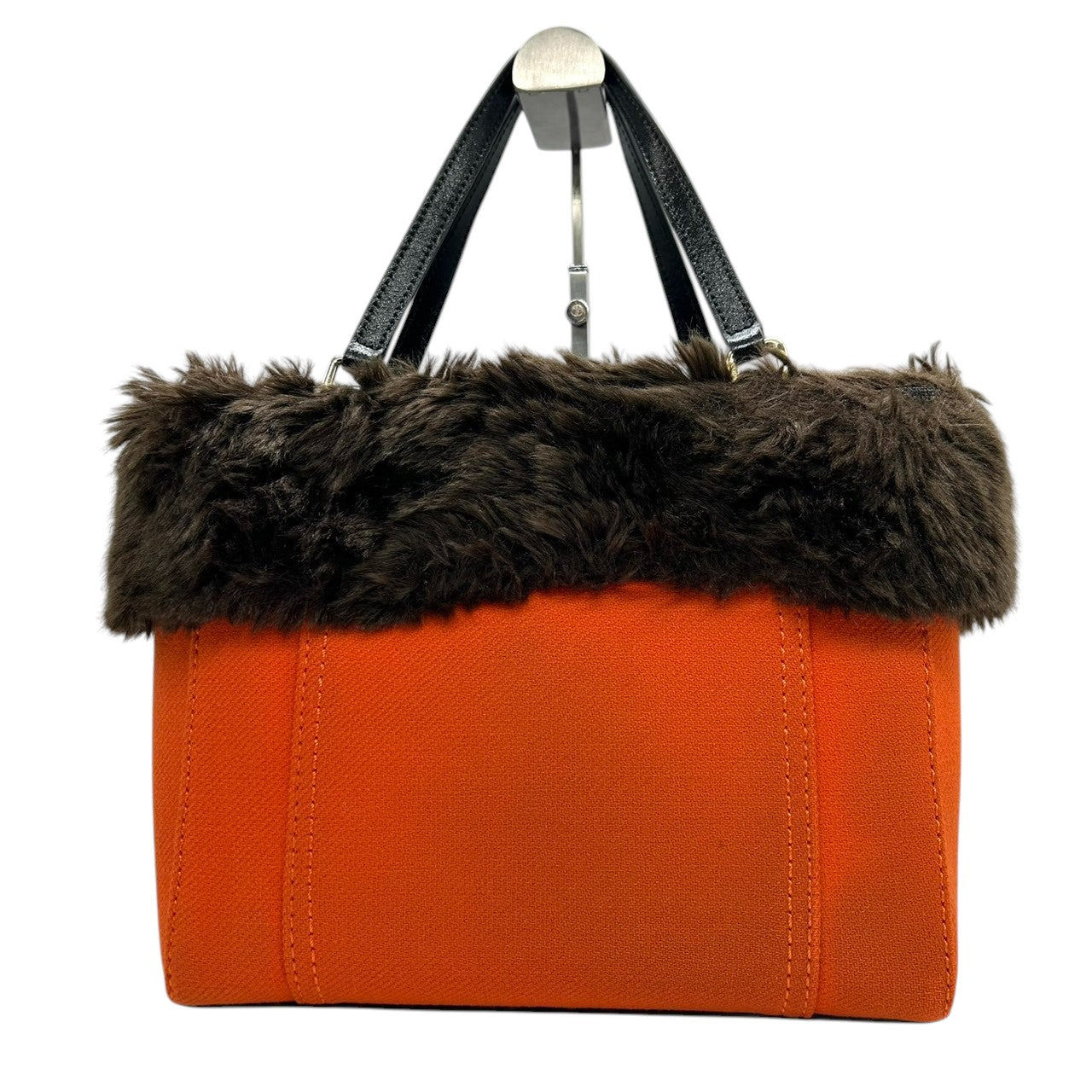 美品 ケイトスペード kate spade ハンドバッグ トートバッグ ダッフルコート風 トグルボタン ファー キャンバス オレンジ ブラウン 茶色 自立可 レディース 秋冬 お出かけ デート カジュアル 個性的 保存袋付 s78