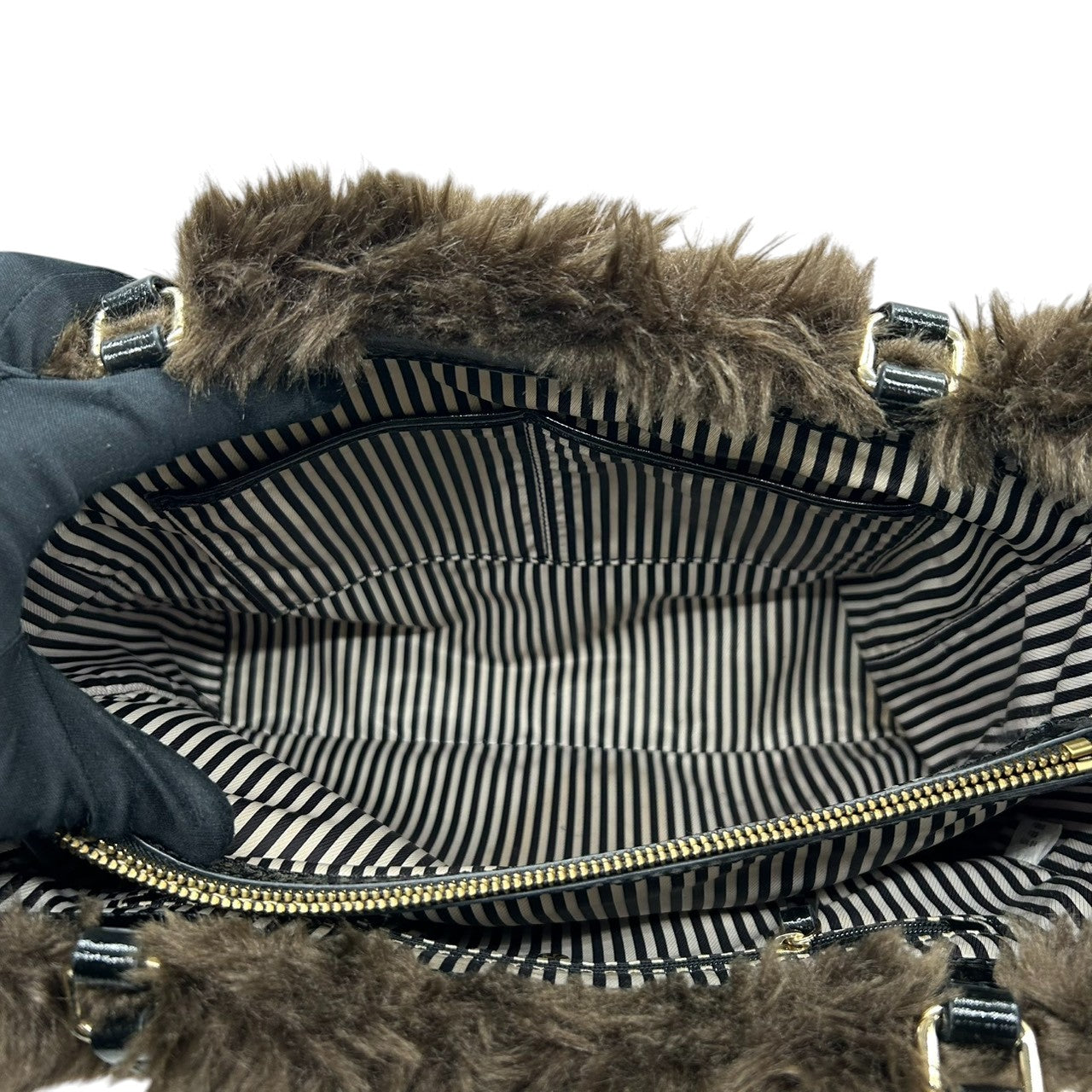 美品 ケイトスペード kate spade ハンドバッグ トートバッグ ダッフルコート風 トグルボタン ファー キャンバス オレンジ ブラウン 茶色 自立可 レディース 秋冬 お出かけ デート カジュアル 個性的 保存袋付 s78