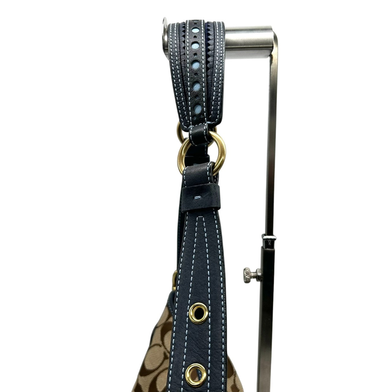 【極美品】コーチ COACH シグネチャー ワンショルダーバッグ ハンドバッグ キャンバス レザー スエード ネイビー ブラウン 異素材 切替 ゴールド金具 ビンテージ風 クラシック エレガント 上品 レディース 肩掛け可 1424 S