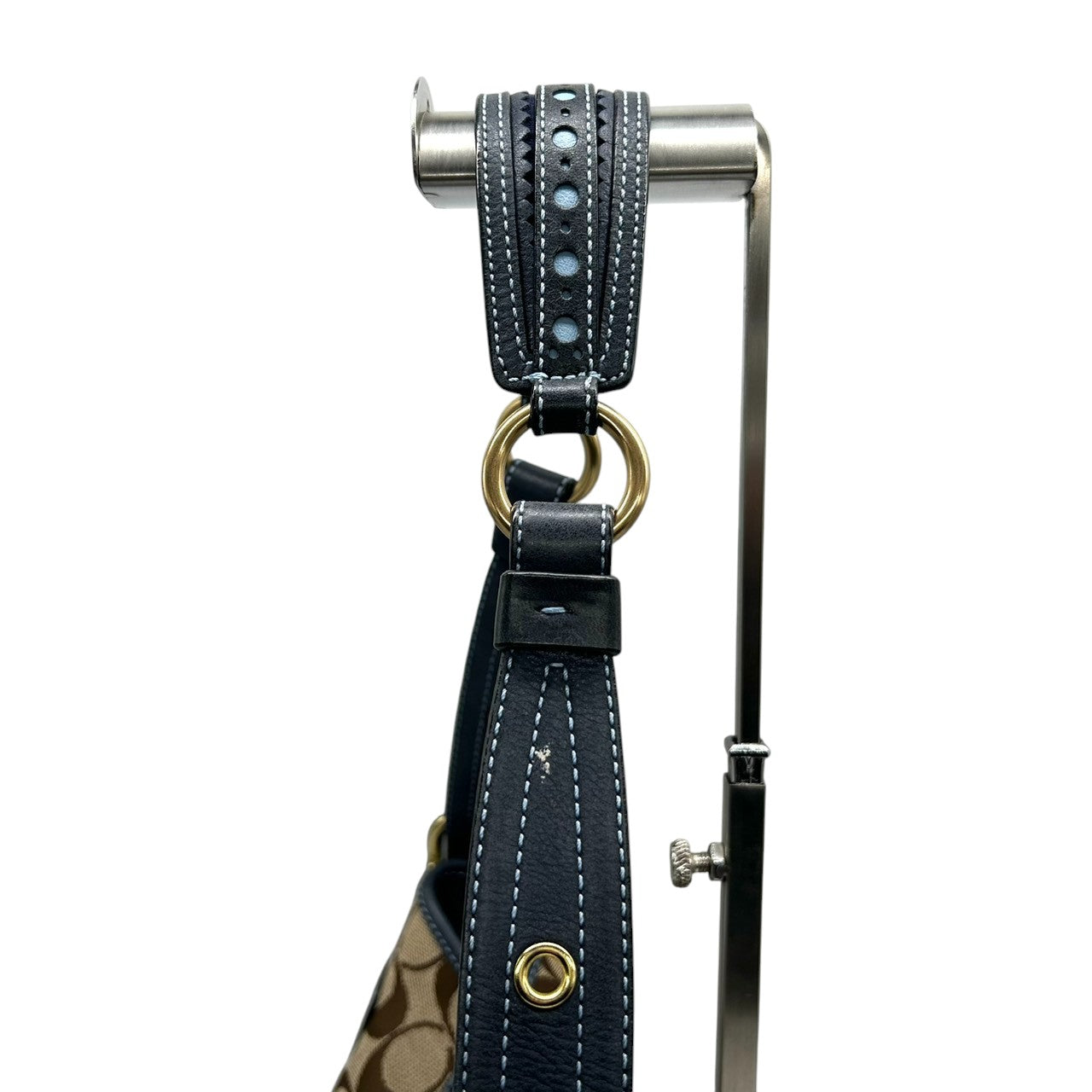 【極美品】コーチ COACH シグネチャー ワンショルダーバッグ ハンドバッグ キャンバス レザー スエード ネイビー ブラウン 異素材 切替 ゴールド金具 ビンテージ風 クラシック エレガント 上品 レディース 肩掛け可 1424 S