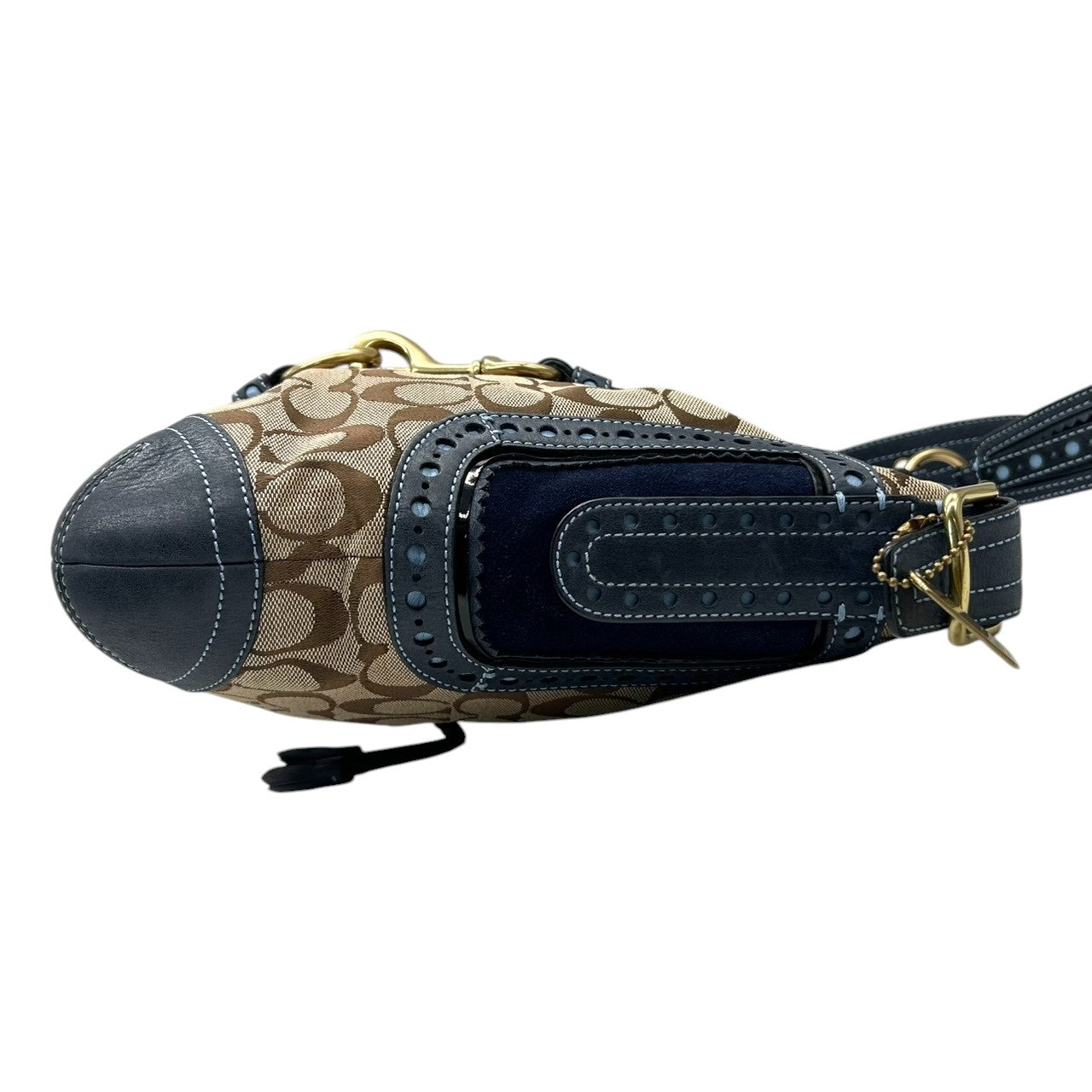 【極美品】コーチ COACH シグネチャー ワンショルダーバッグ ハンドバッグ キャンバス レザー スエード ネイビー ブラウン 異素材 切替 ゴールド金具 ビンテージ風 クラシック エレガント 上品 レディース 肩掛け可 1424 S