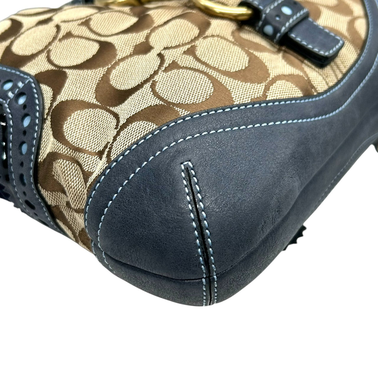 【極美品】コーチ COACH シグネチャー ワンショルダーバッグ ハンドバッグ キャンバス レザー スエード ネイビー ブラウン 異素材 切替 ゴールド金具 ビンテージ風 クラシック エレガント 上品 レディース 肩掛け可 1424 S