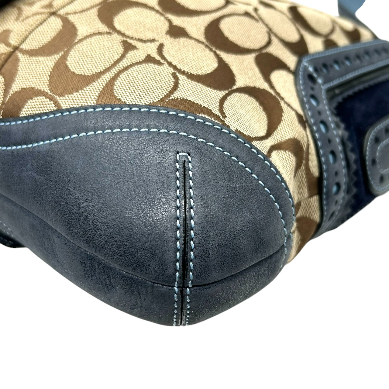 【極美品】コーチ COACH シグネチャー ワンショルダーバッグ ハンドバッグ キャンバス レザー スエード ネイビー ブラウン 異素材 切替 ゴールド金具 ビンテージ風 クラシック エレガント 上品 レディース 肩掛け可 1424 S