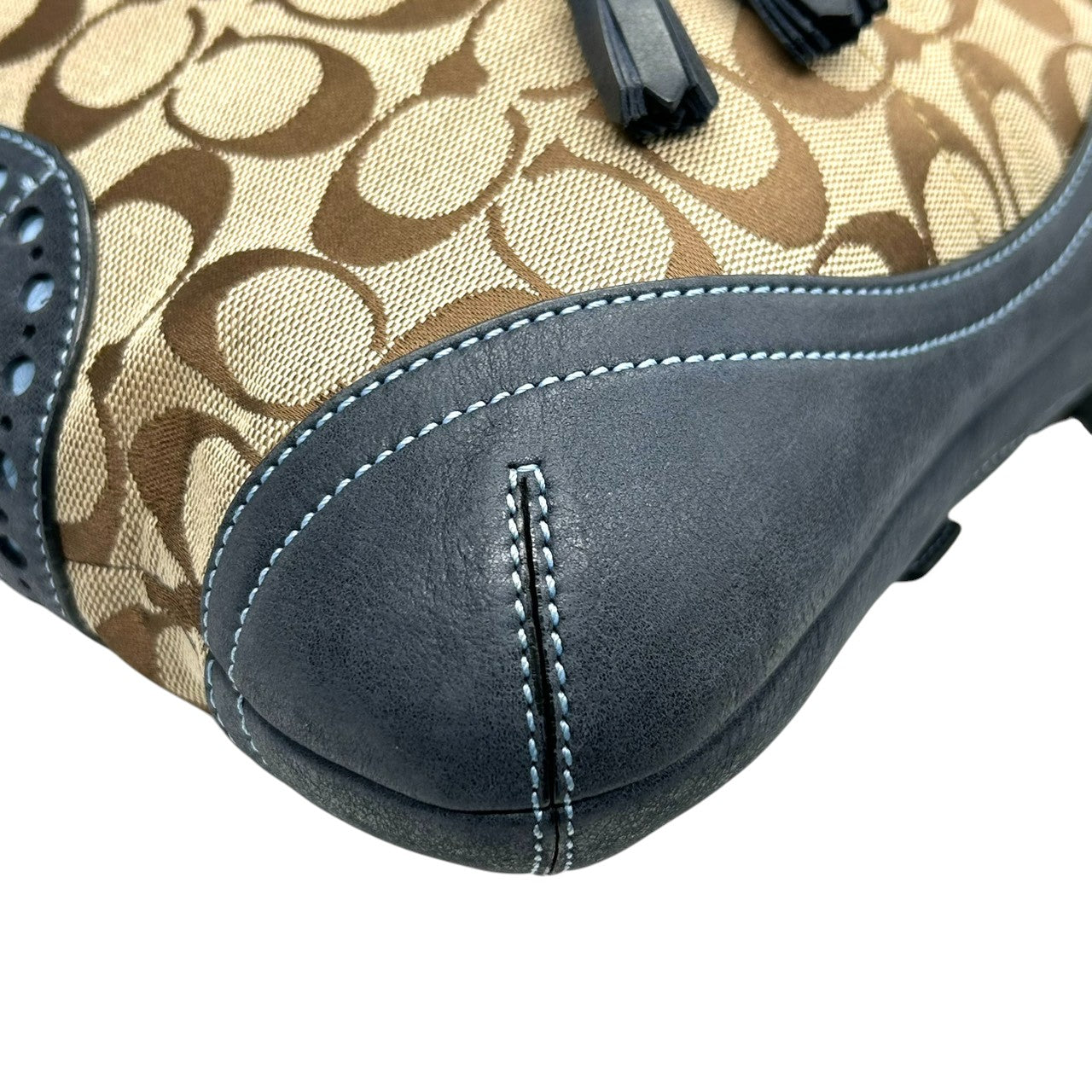 【極美品】コーチ COACH シグネチャー ワンショルダーバッグ ハンドバッグ キャンバス レザー スエード ネイビー ブラウン 異素材 切替 ゴールド金具 ビンテージ風 クラシック エレガント 上品 レディース 肩掛け可 1424 S