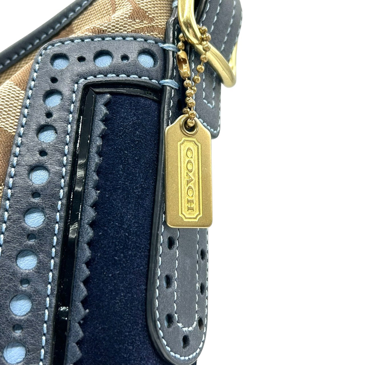 【極美品】コーチ COACH シグネチャー ワンショルダーバッグ ハンドバッグ キャンバス レザー スエード ネイビー ブラウン 異素材 切替 ゴールド金具 ビンテージ風 クラシック エレガント 上品 レディース 肩掛け可 1424 S