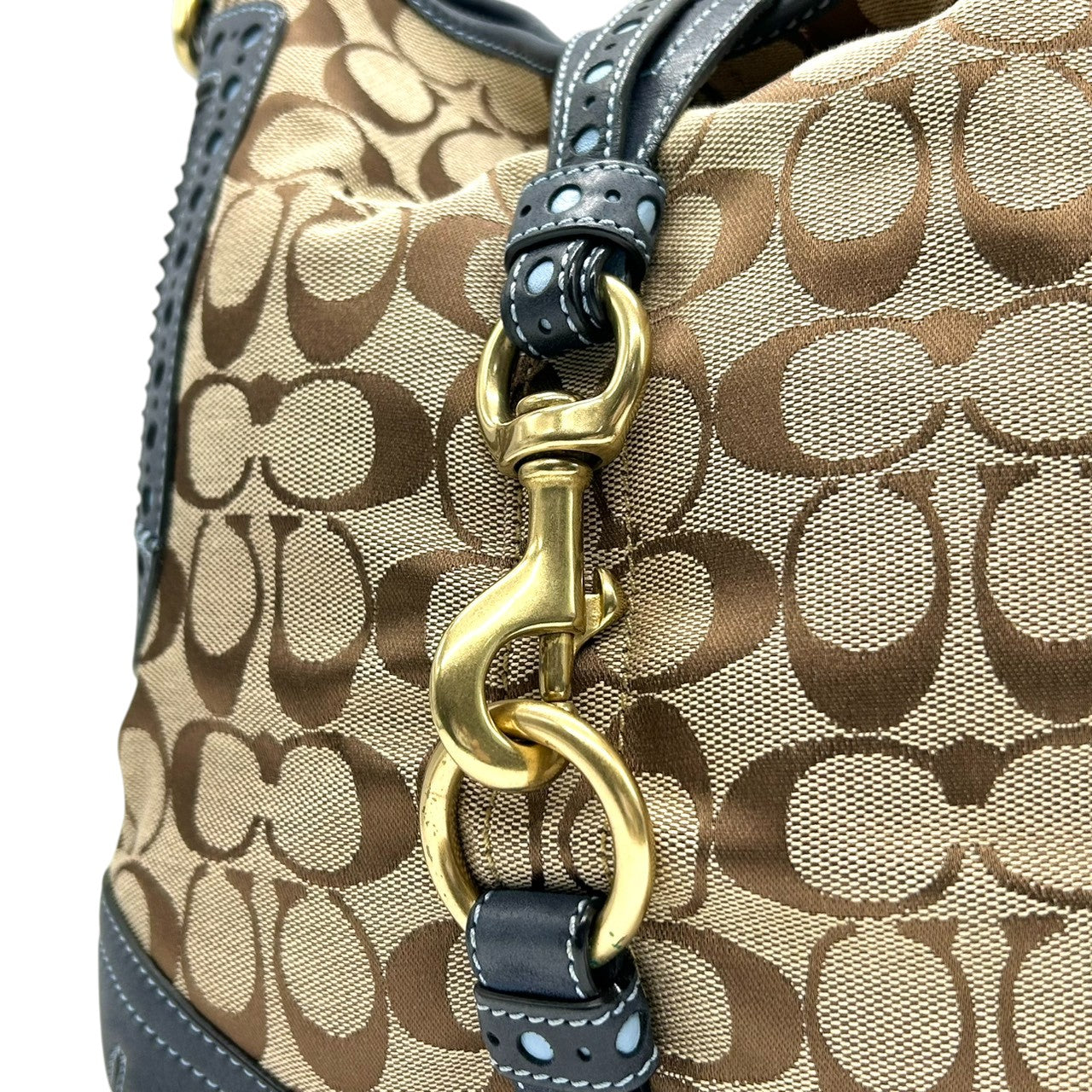 【極美品】コーチ COACH シグネチャー ワンショルダーバッグ ハンドバッグ キャンバス レザー スエード ネイビー ブラウン 異素材 切替 ゴールド金具 ビンテージ風 クラシック エレガント 上品 レディース 肩掛け可 1424 S