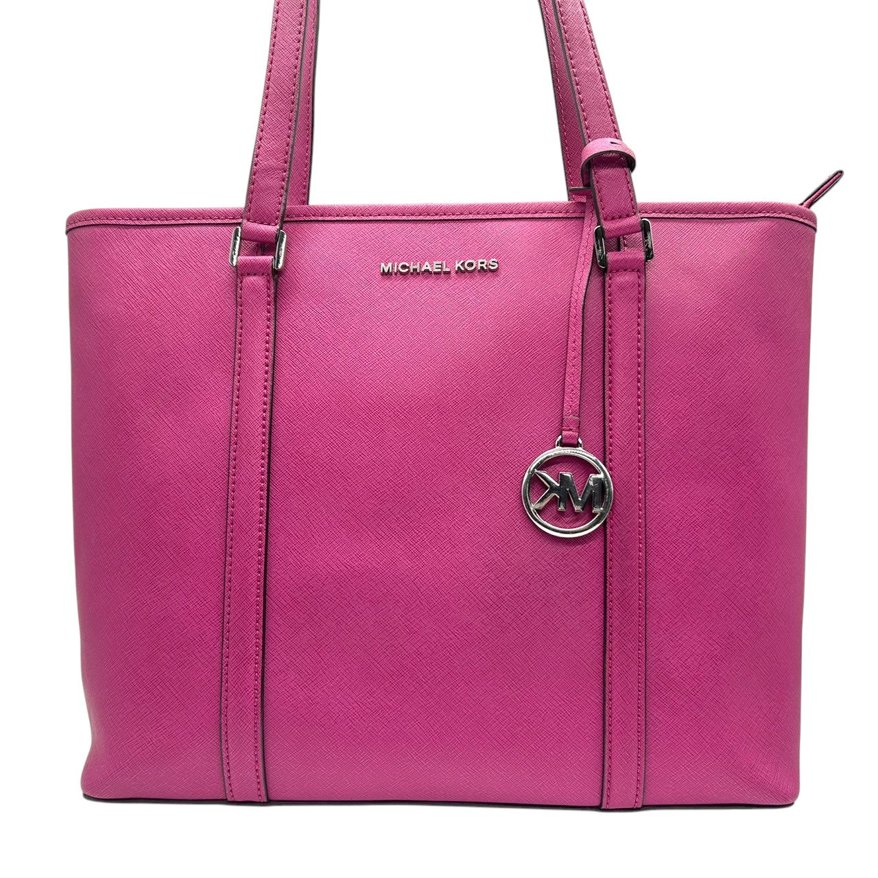 【美品】マイケルコース MICHAEL KORS トートバッグ ワンショルダー 肩掛け A4収納可 自立可 PVC サフィアーノ調 パープル ピンク マゼンタ 紫 シルバー金具 MKチャーム ロゴ 通勤 通学 レディース 鞄 ビジネス エレガント s87