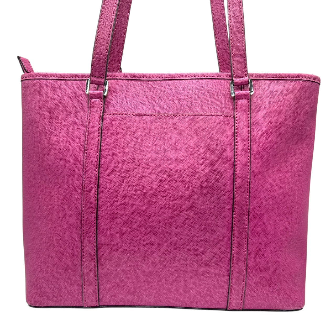 【美品】マイケルコース MICHAEL KORS トートバッグ ワンショルダー 肩掛け A4収納可 自立可 PVC サフィアーノ調 パープル ピンク マゼンタ 紫 シルバー金具 MKチャーム ロゴ 通勤 通学 レディース 鞄 ビジネス エレガント s87