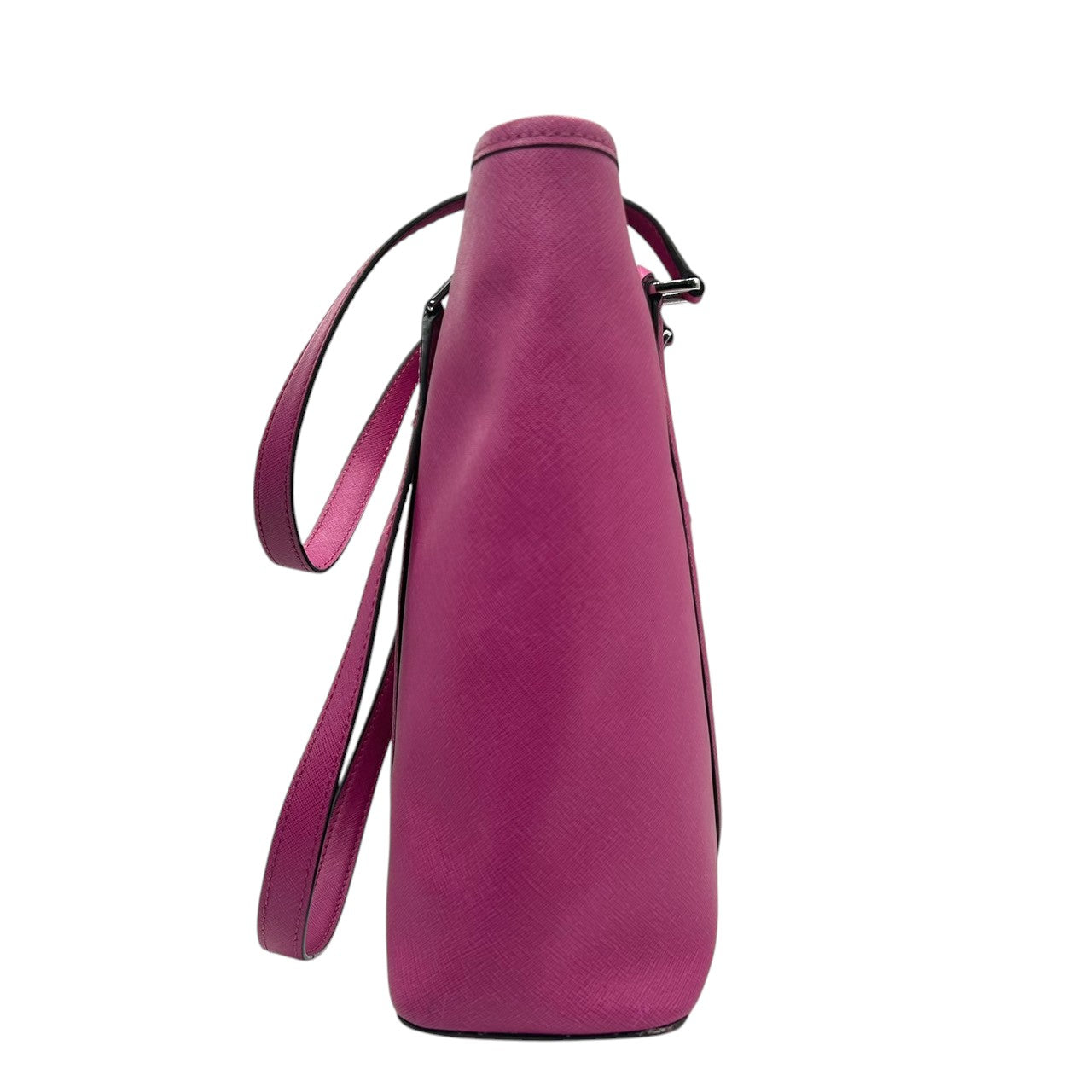 【美品】マイケルコース MICHAEL KORS トートバッグ ワンショルダー 肩掛け A4収納可 自立可 PVC サフィアーノ調 パープル ピンク マゼンタ 紫 シルバー金具 MKチャーム ロゴ 通勤 通学 レディース 鞄 ビジネス エレガント s87