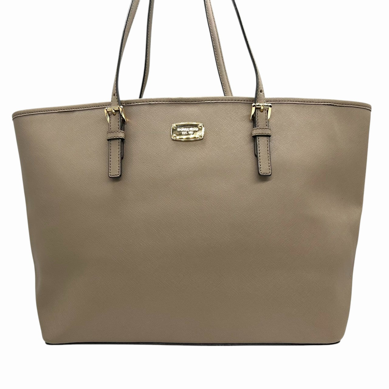 美品 マイケルコース MICHAEL KORS トートバッグ ショルダーバッグ ジェットセット トラベル A4収納可 自立可 ワンショルダー 大容量 PVC レザー ベージュ グレージュ ゴールド金具 ロゴプレート レディース 通勤 通学 鞄 カバン s87