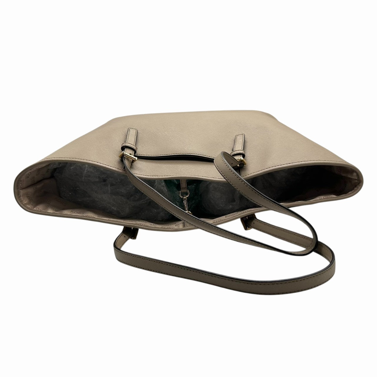 美品 マイケルコース MICHAEL KORS トートバッグ ショルダーバッグ ジェットセット トラベル A4収納可 自立可 ワンショルダー 大容量 PVC レザー ベージュ グレージュ ゴールド金具 ロゴプレート レディース 通勤 通学 鞄 カバン s87