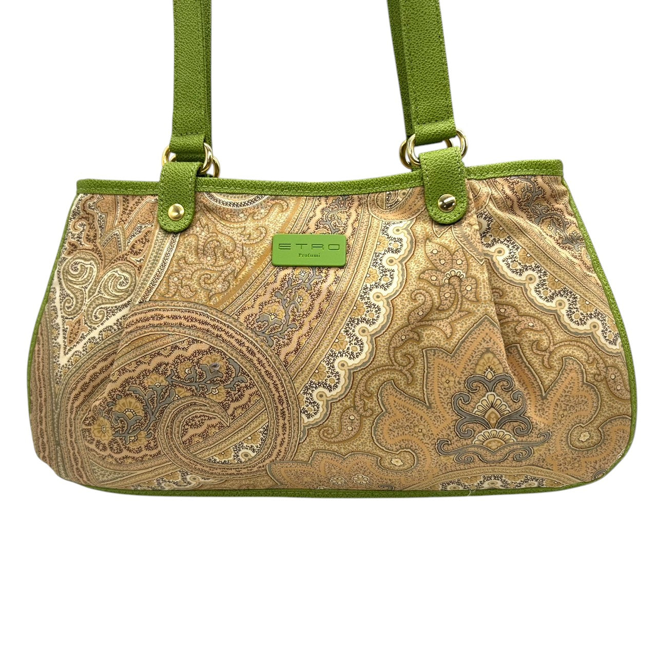 美品 エトロ ETRO ハンドバッグ トートバッグ ペイズリー柄 総柄 ナイロン レザー 本革 グリーン 黄緑 バイカラー ワンショルダー 肩掛け 軽量 Profumi プロフーミ レディース ビンテージ クラシック レトロ カジュアル 鞄 カバン s94
