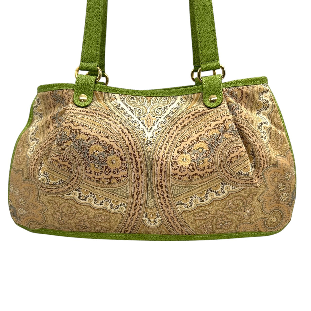 美品 エトロ ETRO ハンドバッグ トートバッグ ペイズリー柄 総柄 ナイロン レザー 本革 グリーン 黄緑 バイカラー ワンショルダー 肩掛け 軽量 Profumi プロフーミ レディース ビンテージ クラシック レトロ カジュアル 鞄 カバン s94