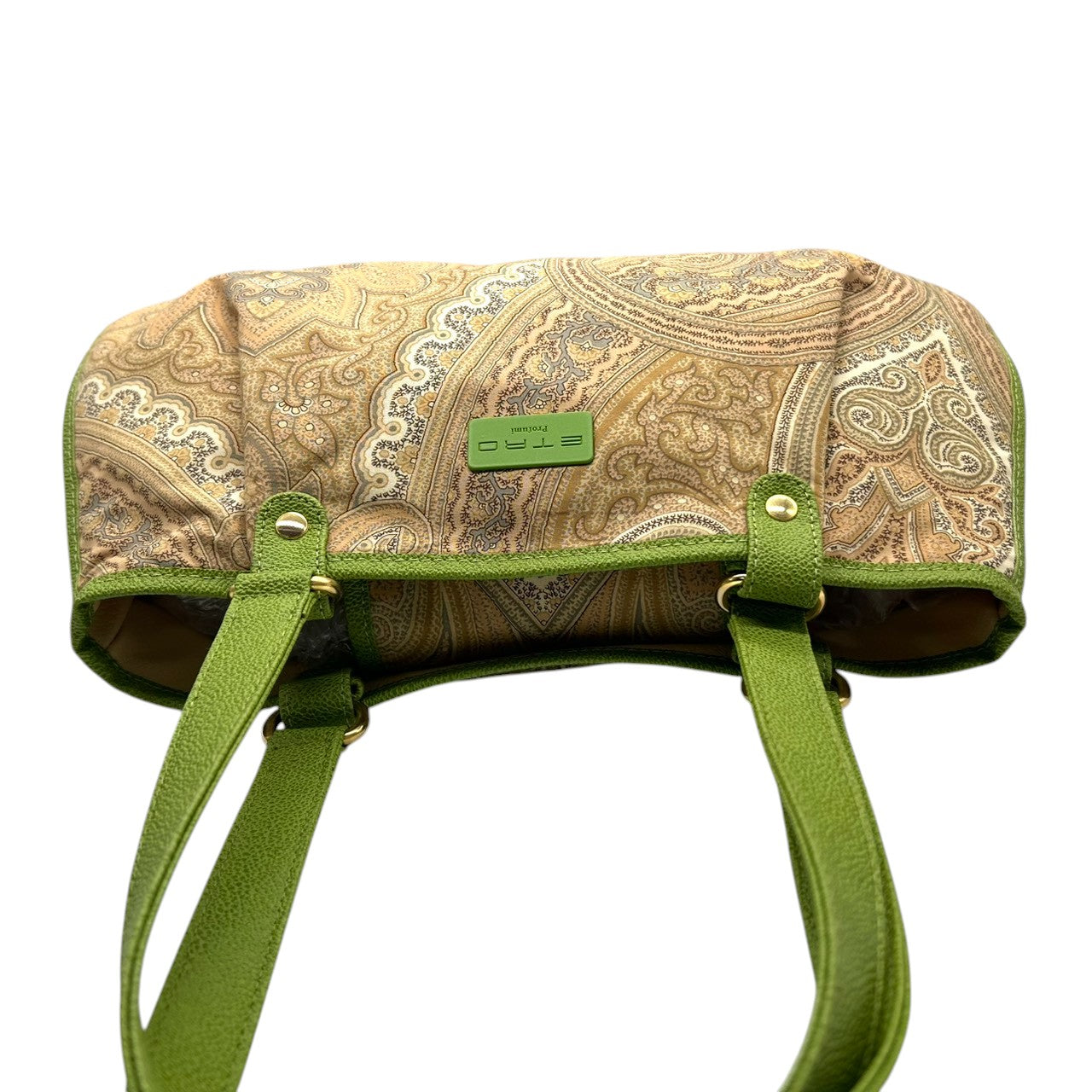 美品 エトロ ETRO ハンドバッグ トートバッグ ペイズリー柄 総柄 ナイロン レザー 本革 グリーン 黄緑 バイカラー ワンショルダー 肩掛け 軽量 Profumi プロフーミ レディース ビンテージ クラシック レトロ カジュアル 鞄 カバン s94