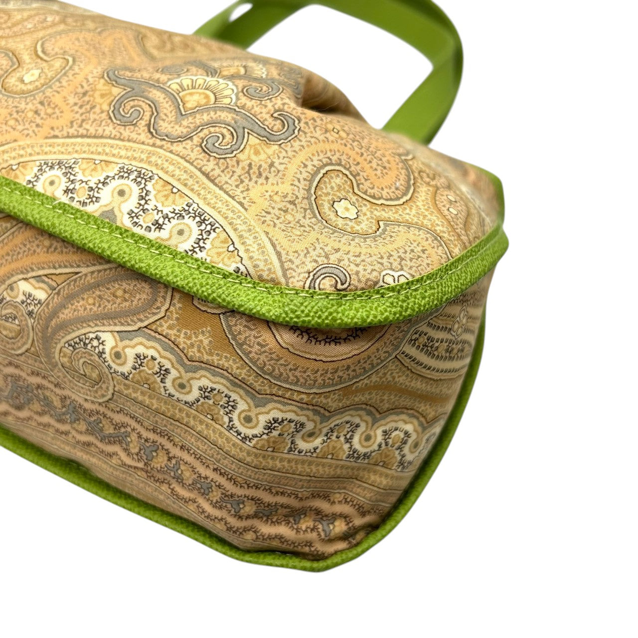 美品 エトロ ETRO ハンドバッグ トートバッグ ペイズリー柄 総柄 ナイロン レザー 本革 グリーン 黄緑 バイカラー ワンショルダー 肩掛け 軽量 Profumi プロフーミ レディース ビンテージ クラシック レトロ カジュアル 鞄 カバン s94