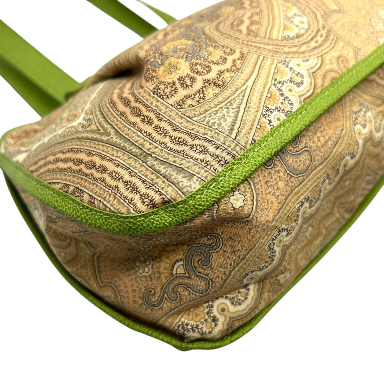 美品 エトロ ETRO ハンドバッグ トートバッグ ペイズリー柄 総柄 ナイロン レザー 本革 グリーン 黄緑 バイカラー ワンショルダー 肩掛け 軽量 Profumi プロフーミ レディース ビンテージ クラシック レトロ カジュアル 鞄 カバン s94