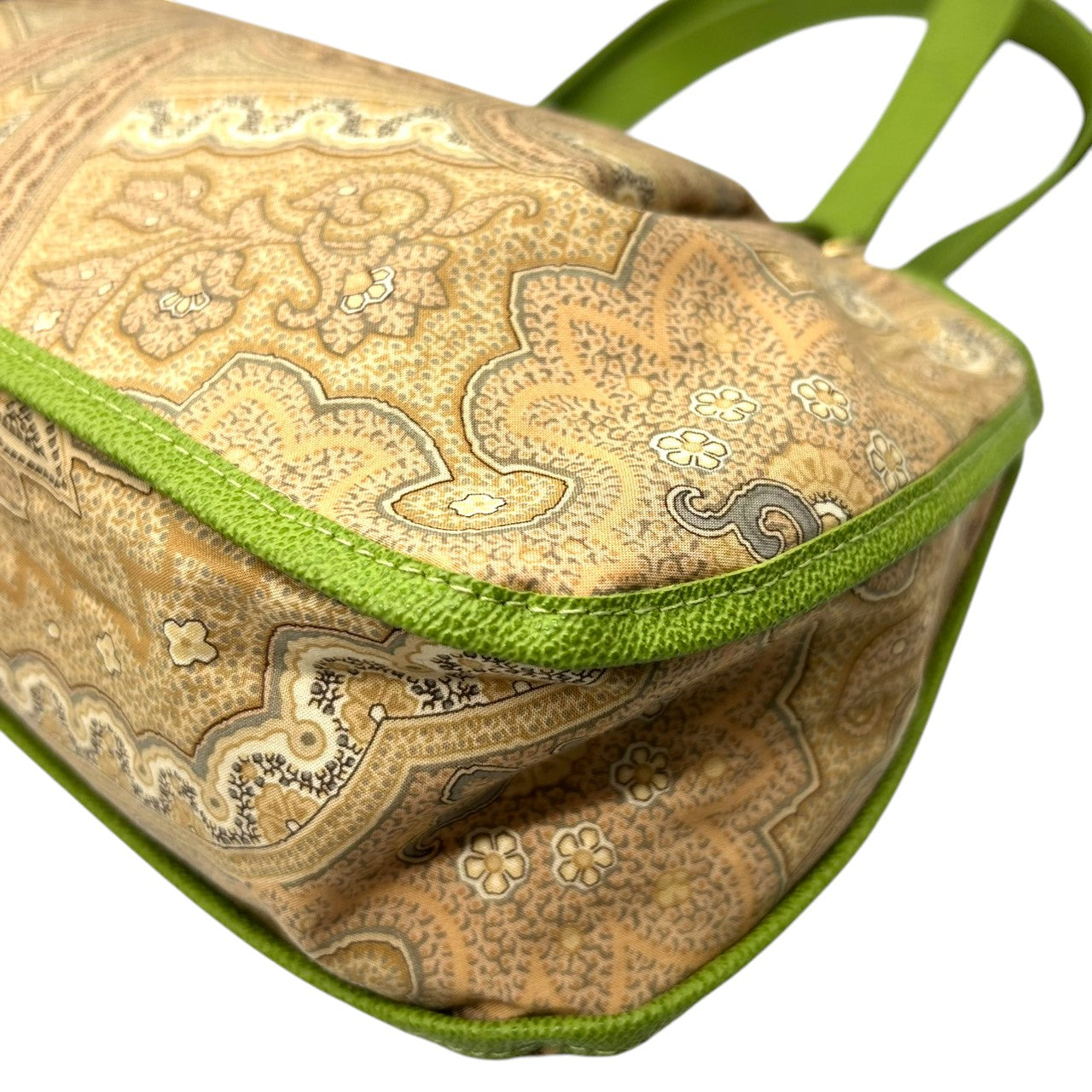 美品 エトロ ETRO ハンドバッグ トートバッグ ペイズリー柄 総柄 ナイロン レザー 本革 グリーン 黄緑 バイカラー ワンショルダー 肩掛け 軽量 Profumi プロフーミ レディース ビンテージ クラシック レトロ カジュアル 鞄 カバン s94