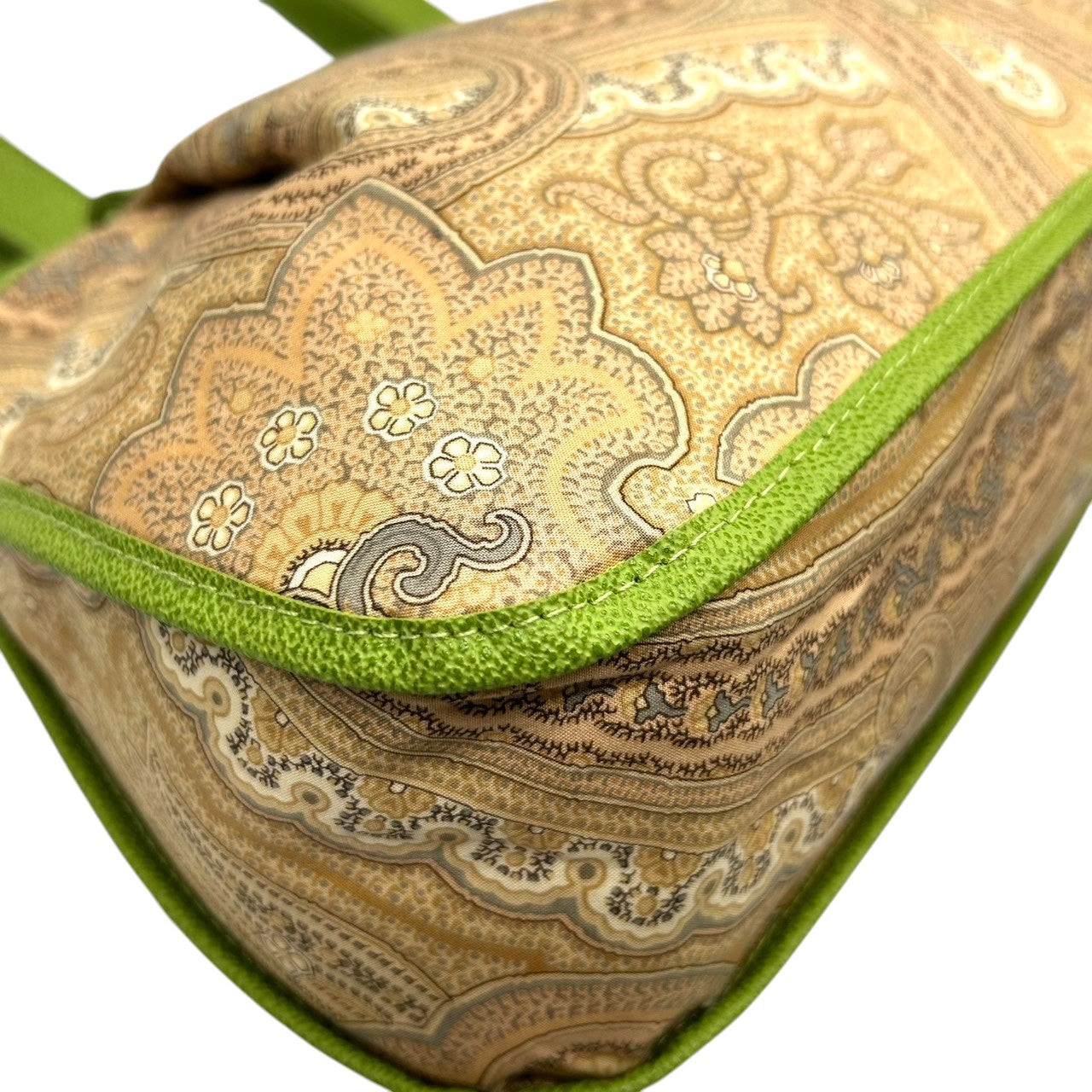 美品 エトロ ETRO ハンドバッグ トートバッグ ペイズリー柄 総柄 ナイロン レザー 本革 グリーン 黄緑 バイカラー ワンショルダー 肩掛け 軽量 Profumi プロフーミ レディース ビンテージ クラシック レトロ カジュアル 鞄 カバン s94