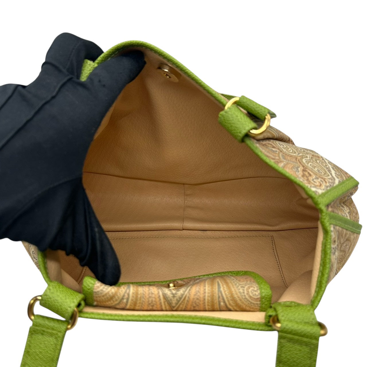 美品 エトロ ETRO ハンドバッグ トートバッグ ペイズリー柄 総柄 ナイロン レザー 本革 グリーン 黄緑 バイカラー ワンショルダー 肩掛け 軽量 Profumi プロフーミ レディース ビンテージ クラシック レトロ カジュアル 鞄 カバン s94