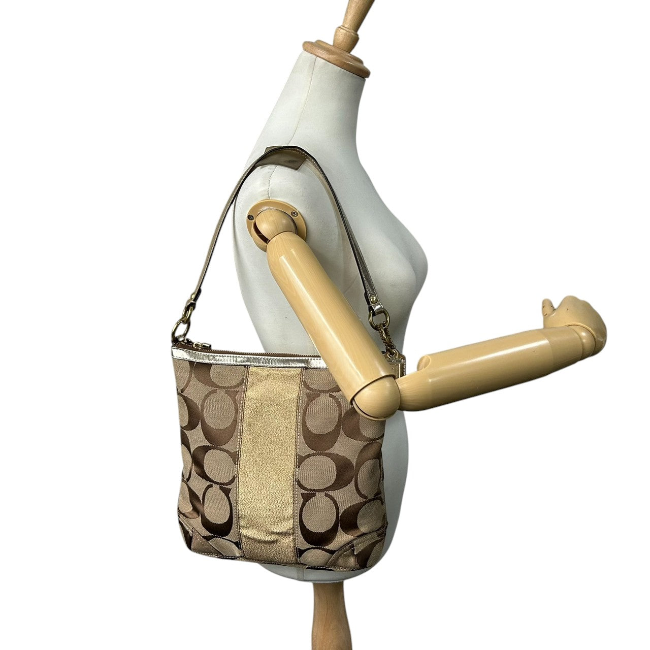 コーチ COACH ショルダーバッグ ハンドバッグ 2WAY シグネチャー F13278 キャンバス レザー ベージュ ゴールド ラメ ストライプ パーカー 斜め掛け ワンショルダー 肩掛け クロスボディ レディース 鞄 カバン カジュアル s86