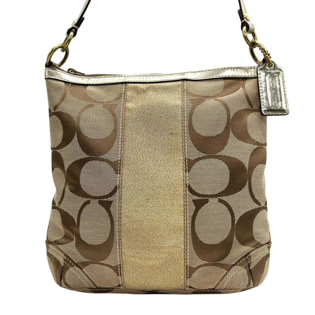 コーチ COACH ショルダーバッグ ハンドバッグ 2WAY シグネチャー F13278 キャンバス レザー ベージュ ゴールド ラメ ストライプ パーカー 斜め掛け ワンショルダー 肩掛け クロスボディ レディース 鞄 カバン カジュアル s86