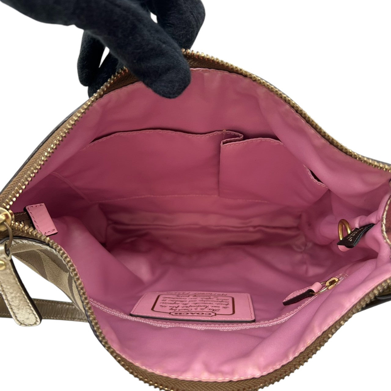 コーチ COACH ショルダーバッグ ハンドバッグ 2WAY シグネチャー F13278 キャンバス レザー ベージュ ゴールド ラメ ストライプ パーカー 斜め掛け ワンショルダー 肩掛け クロスボディ レディース 鞄 カバン カジュアル s86