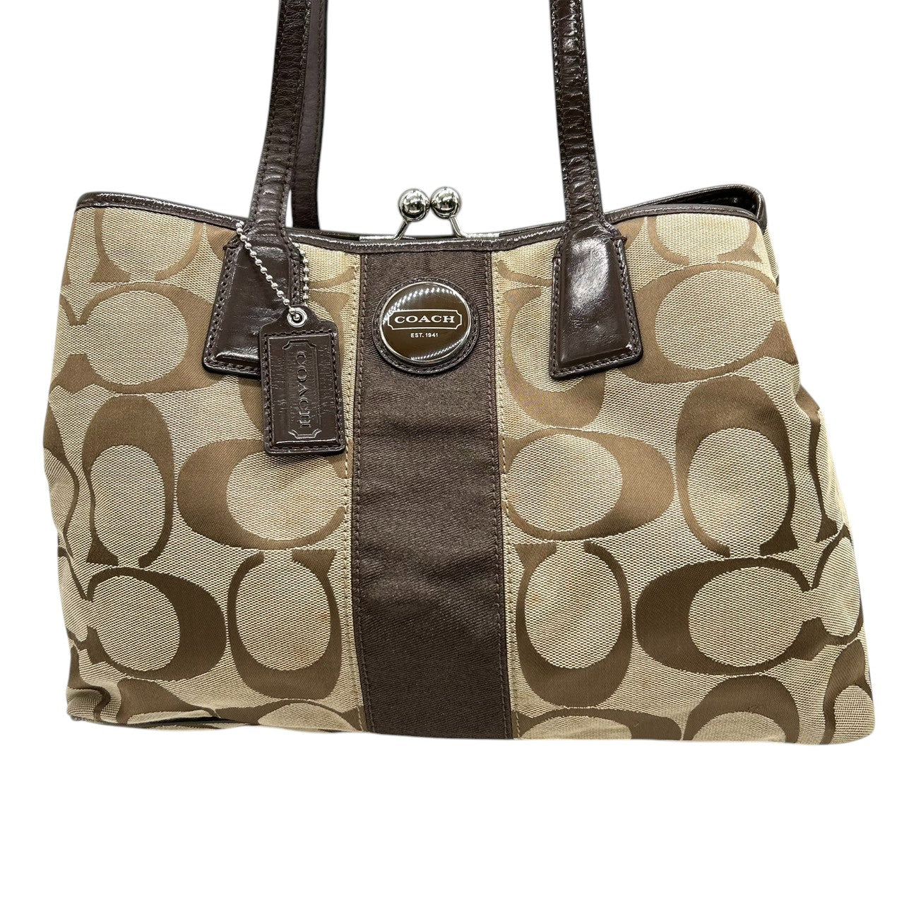 コーチ COACH パーカー シグネチャー トートバッグ ハンドバッグ キャリーオール F13533 キャンバス レザー 本革 ベージュ ブラウン 茶色 ガマ口 キスロック 3室構造 肩掛け ワンショルダー レディース 鞄 カバン 通勤 カジュアル s81