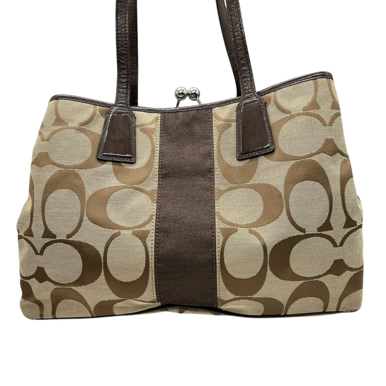 コーチ COACH パーカー シグネチャー トートバッグ ハンドバッグ キャリーオール F13533 キャンバス レザー 本革 ベージュ ブラウン 茶色 ガマ口 キスロック 3室構造 肩掛け ワンショルダー レディース 鞄 カバン 通勤 カジュアル s81