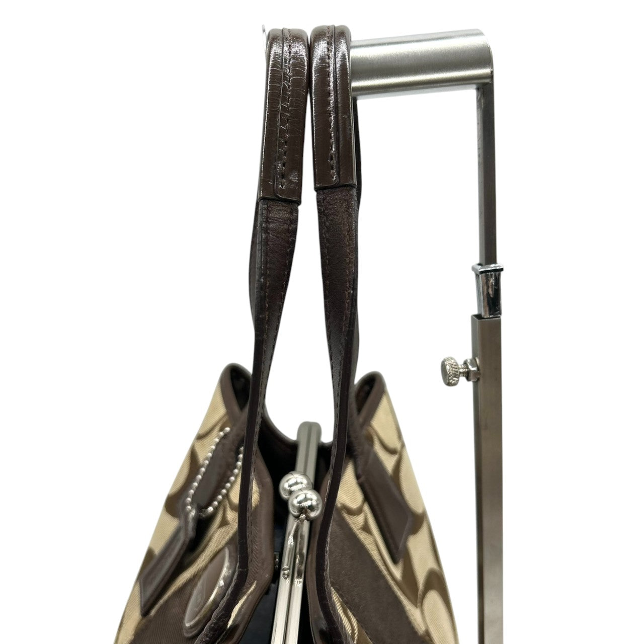 コーチ COACH パーカー シグネチャー トートバッグ ハンドバッグ キャリーオール F13533 キャンバス レザー 本革 ベージュ ブラウン 茶色 ガマ口 キスロック 3室構造 肩掛け ワンショルダー レディース 鞄 カバン 通勤 カジュアル s81