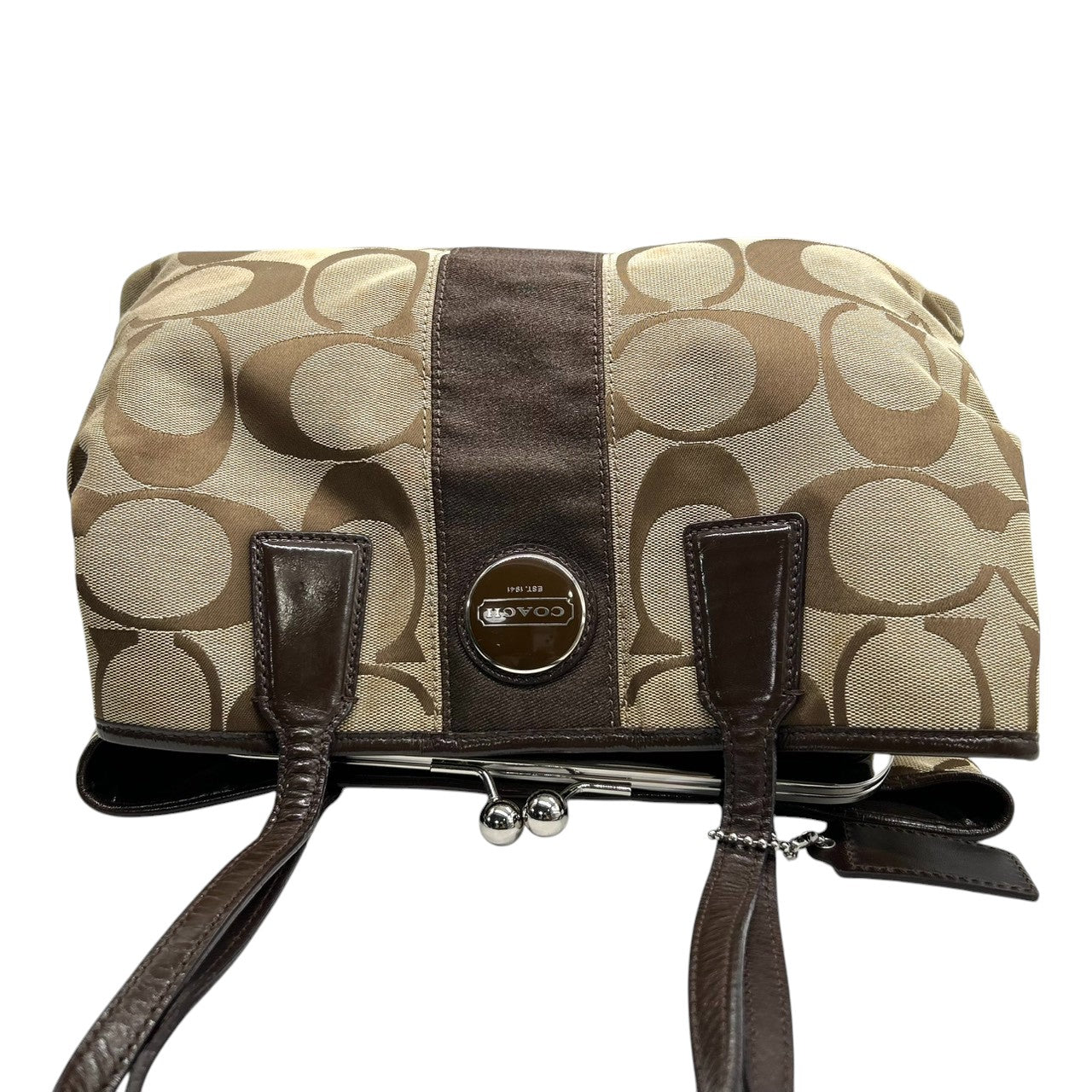 コーチ COACH パーカー シグネチャー トートバッグ ハンドバッグ キャリーオール F13533 キャンバス レザー 本革 ベージュ ブラウン 茶色 ガマ口 キスロック 3室構造 肩掛け ワンショルダー レディース 鞄 カバン 通勤 カジュアル s81