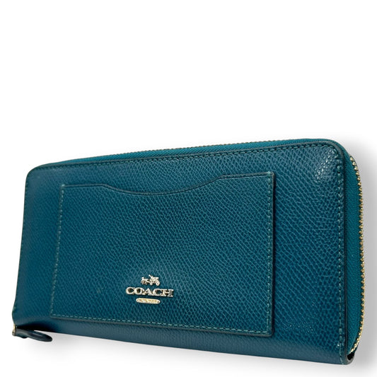美品 コーチ COACH 長財布 アコーディオンジップ ラウンドファスナー F54007 レザー 本革 ブルー 青 ティール 馬車ロゴ ゴールド金具 大容量 多機能 レディース メンズ ユニセックス ウォレット プレゼント M4