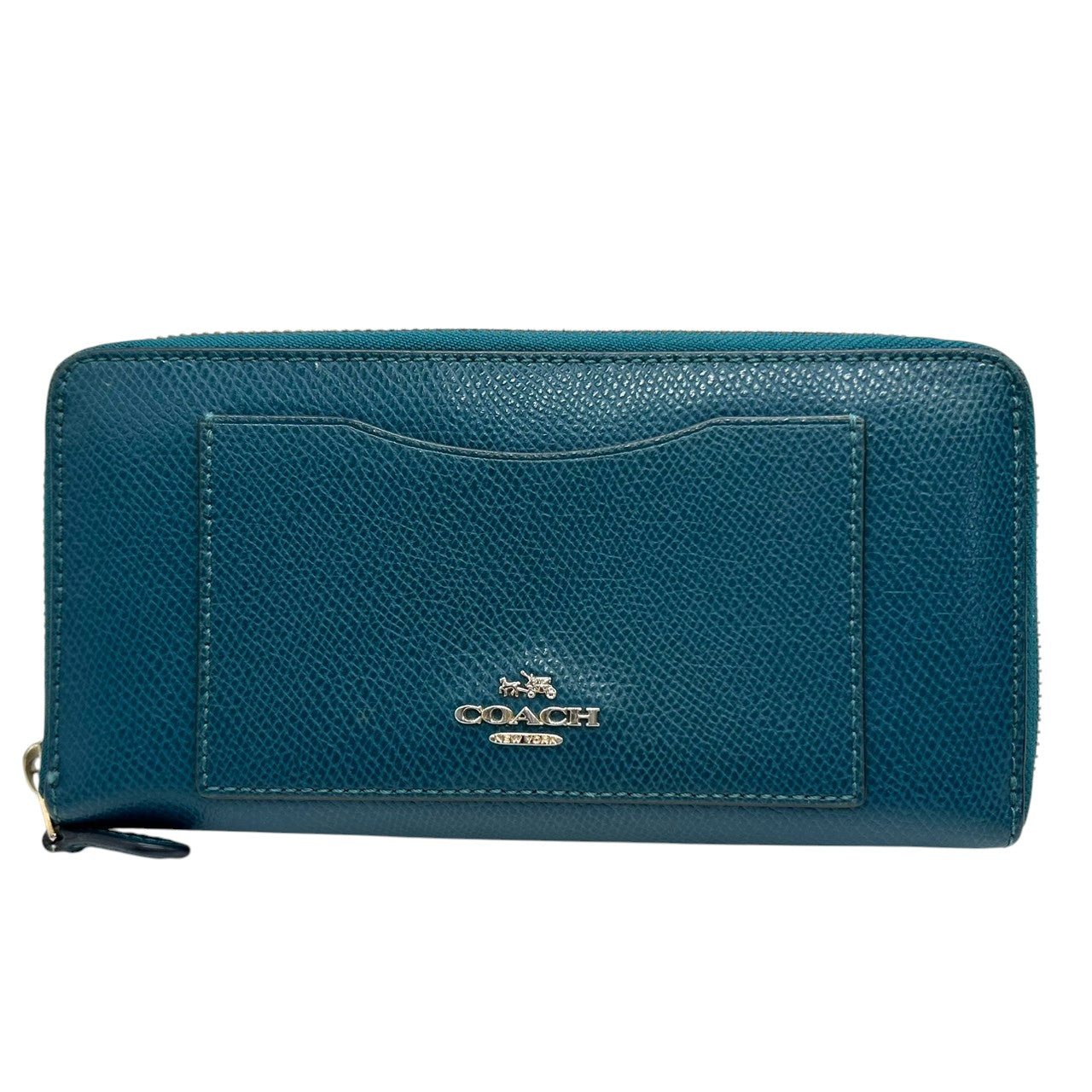 美品 コーチ COACH 長財布 アコーディオンジップ ラウンドファスナー F54007 レザー 本革 ブルー 青 ティール 馬車ロゴ ゴールド金具 大容量 多機能 レディース メンズ ユニセックス ウォレット プレゼント M4