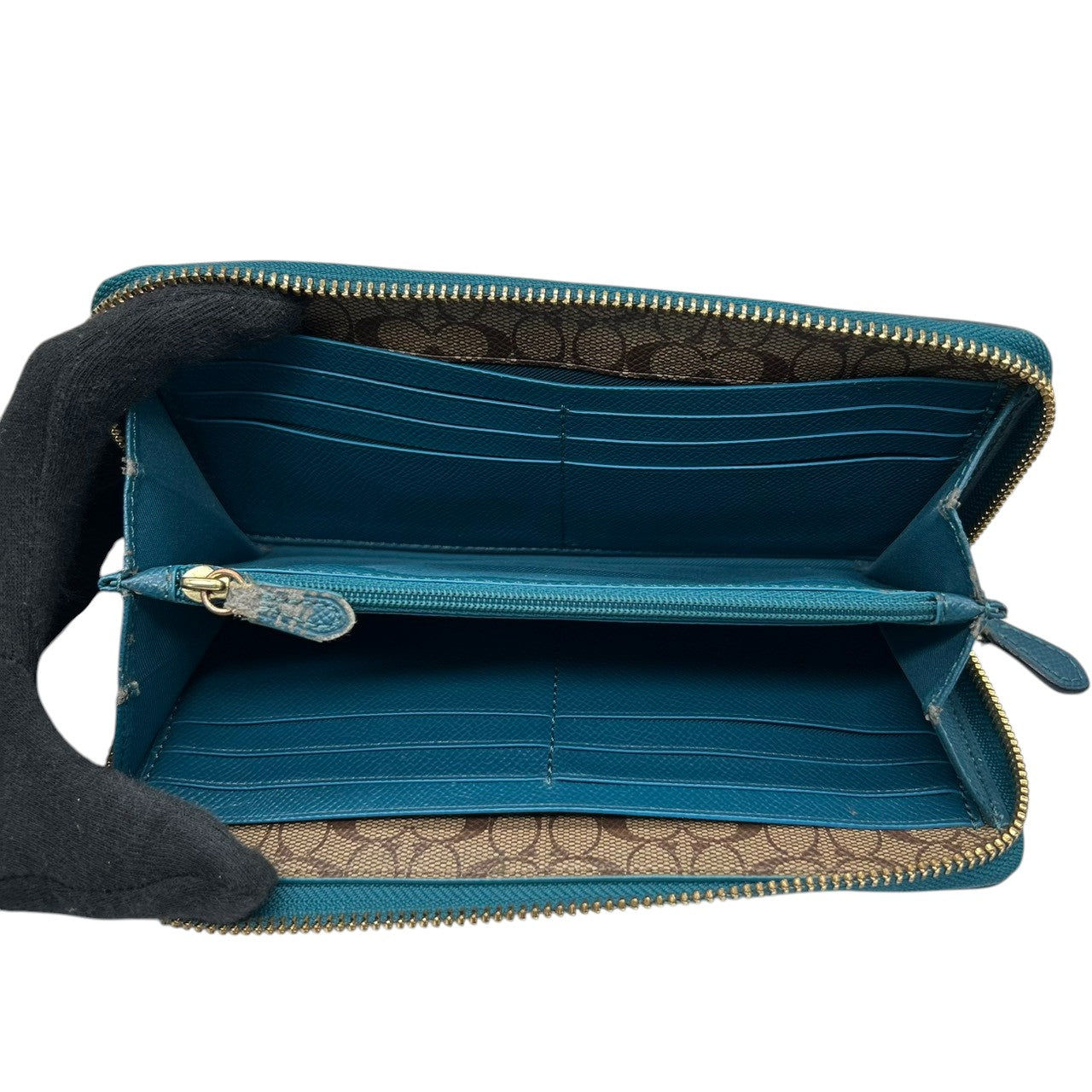 美品 コーチ COACH 長財布 アコーディオンジップ ラウンドファスナー F54007 レザー 本革 ブルー 青 ティール 馬車ロゴ ゴールド金具 大容量 多機能 レディース メンズ ユニセックス ウォレット プレゼント M4
